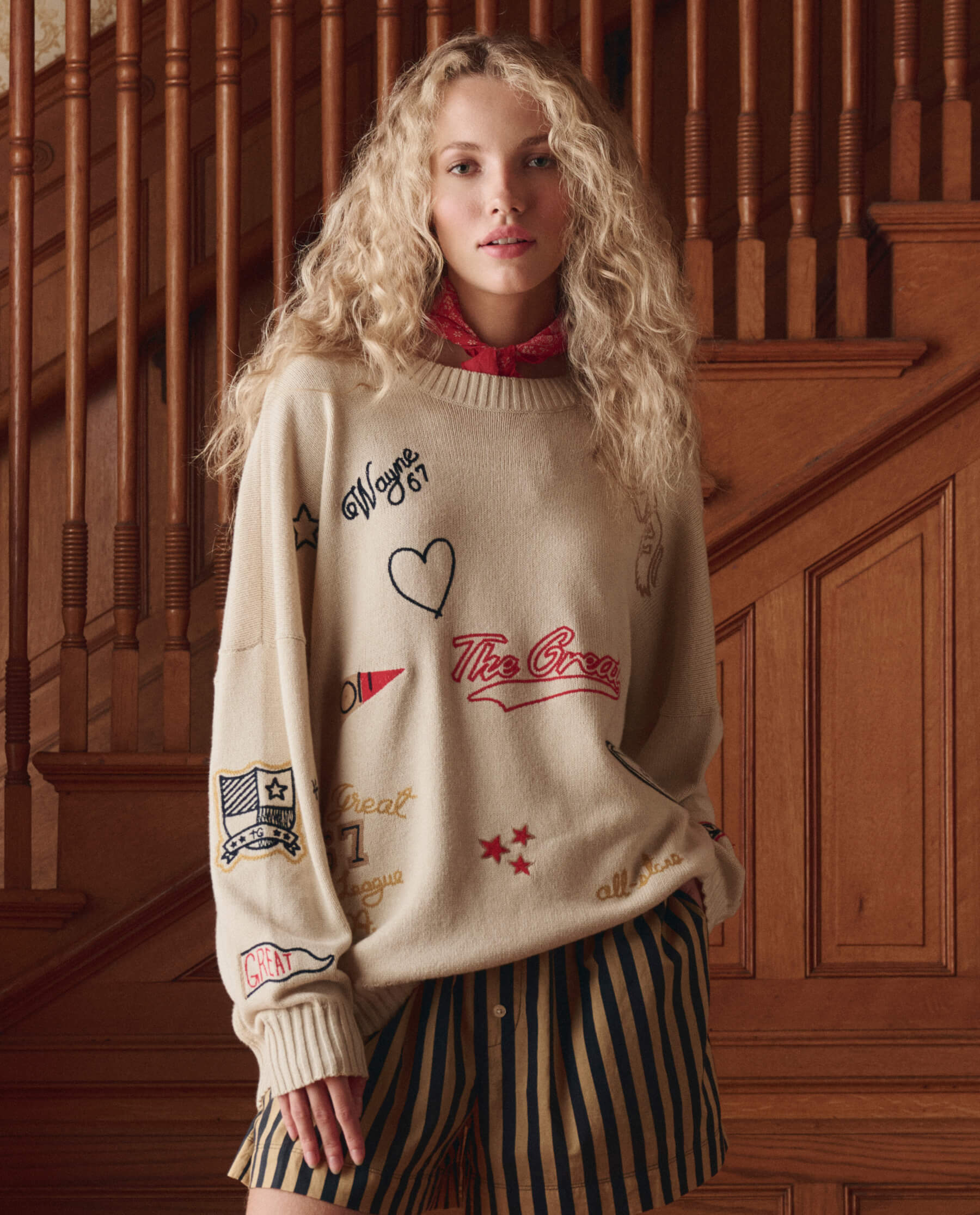 The Embroidered Oversize Crew Pullover. -- Cream