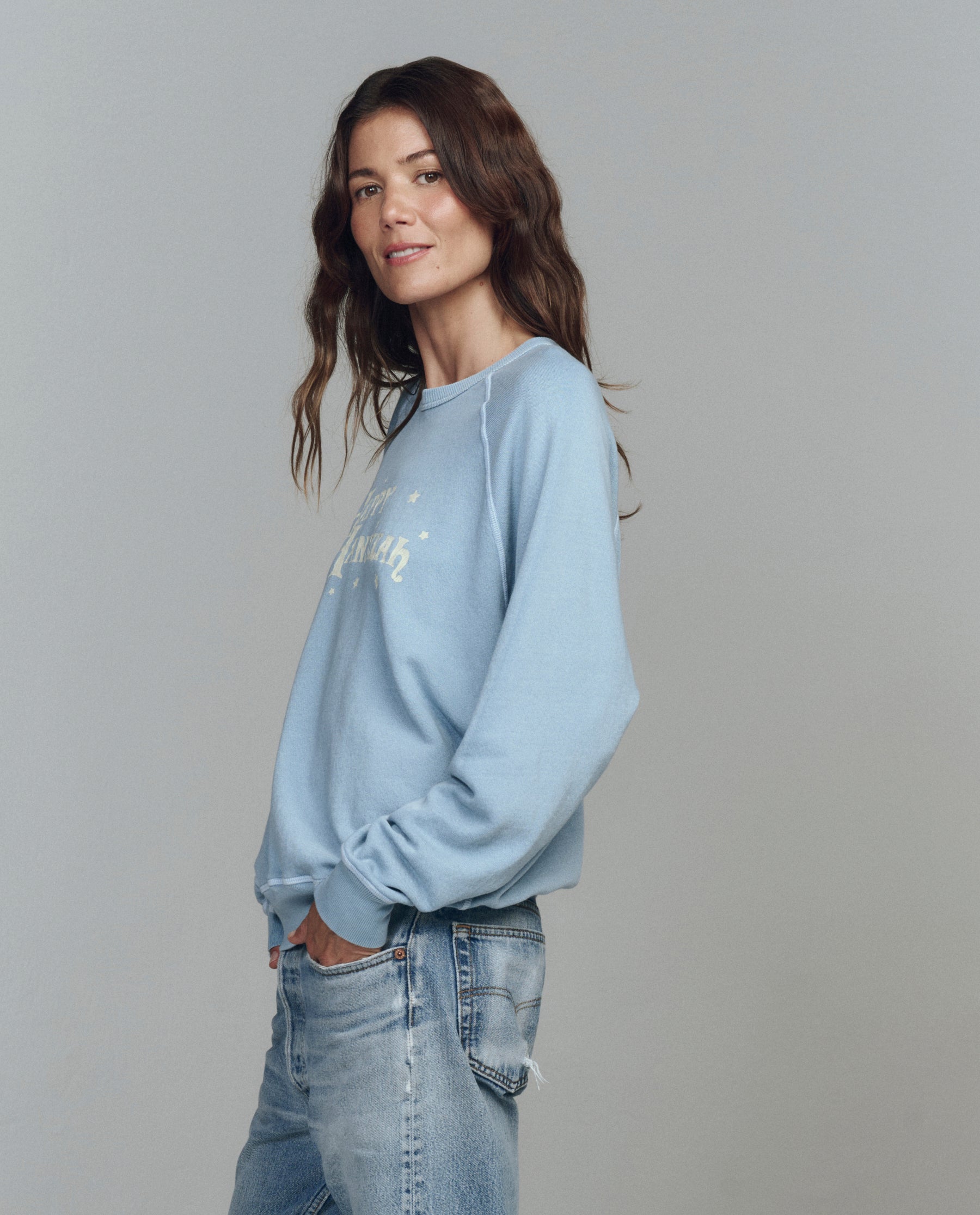 The College Sweatshirt. Graphic -- Confection Blue with Happy Hannukah Graphic