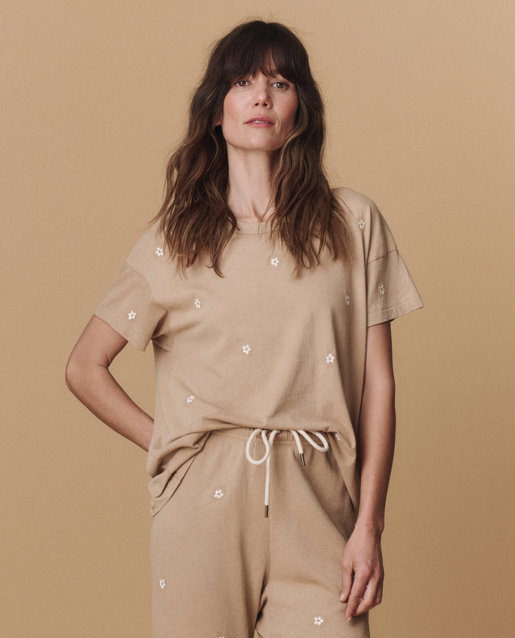 The Boxy Crew. Embroidered -- Khaki with Daisy Embroidery