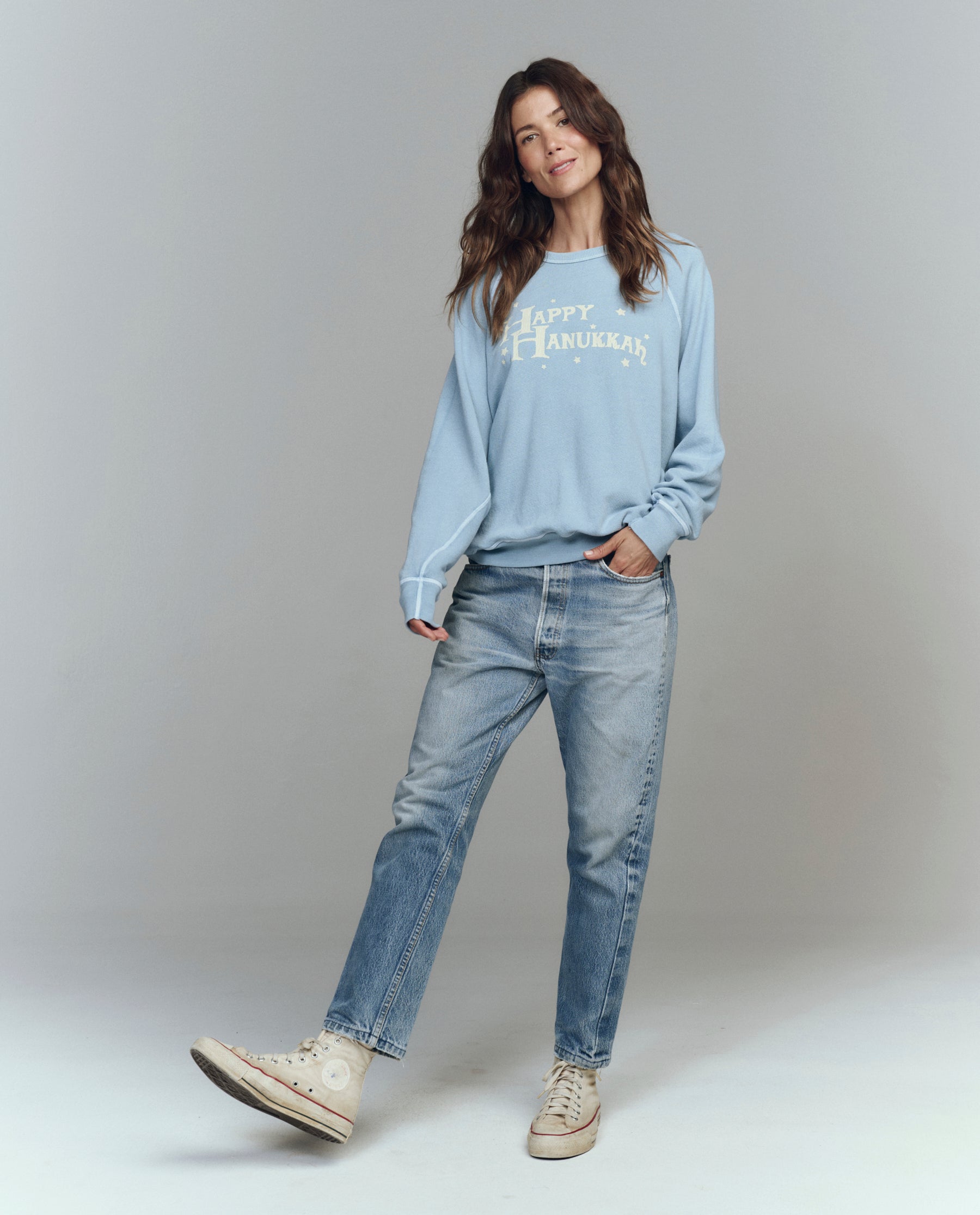 The College Sweatshirt. Graphic -- Confection Blue with Happy Hannukah Graphic