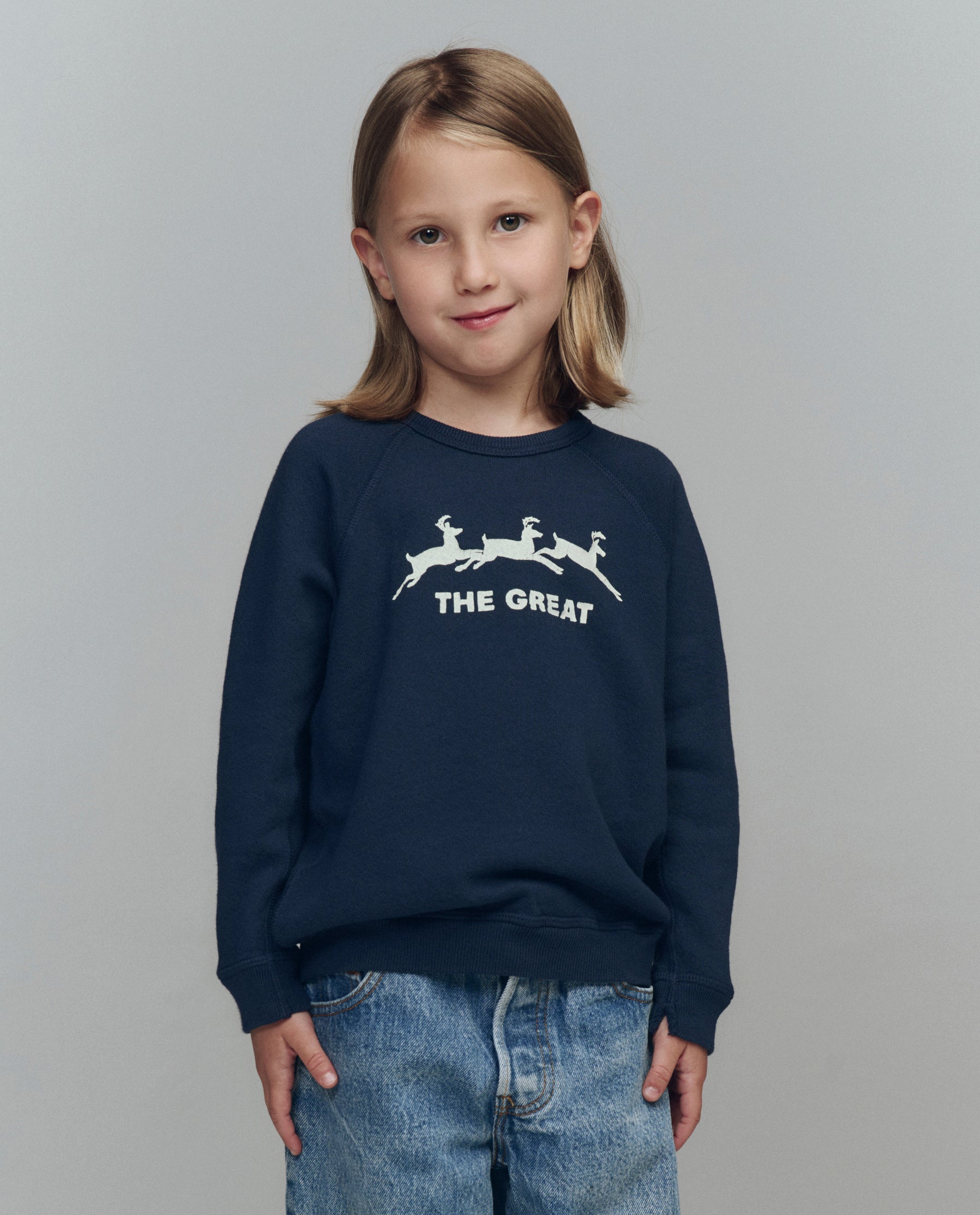 The Little College Sweatshirt. Graphic -- Navy with Deer Graphic