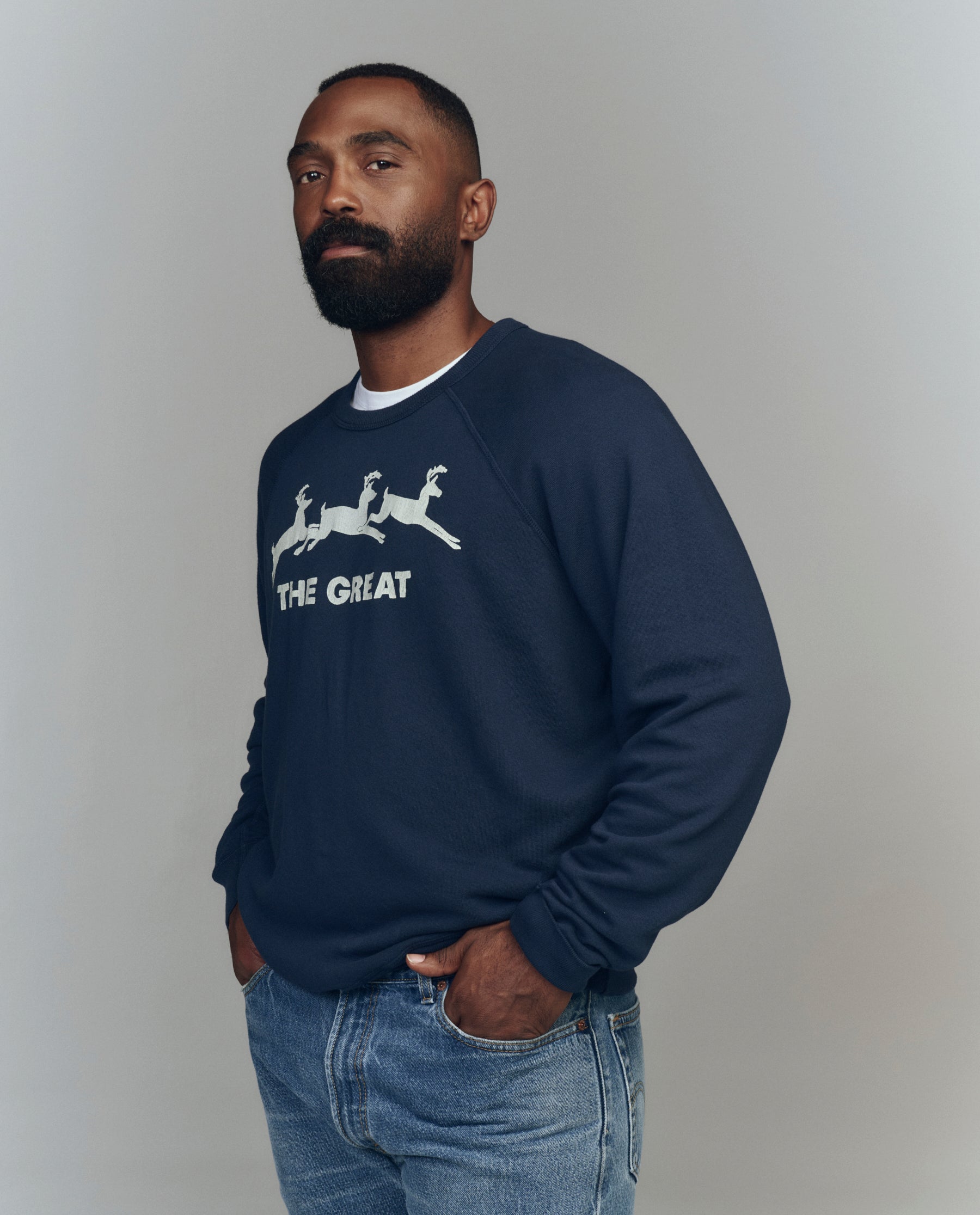 The Men's College Sweatshirt. Graphic -- Navy with Deer Graphic