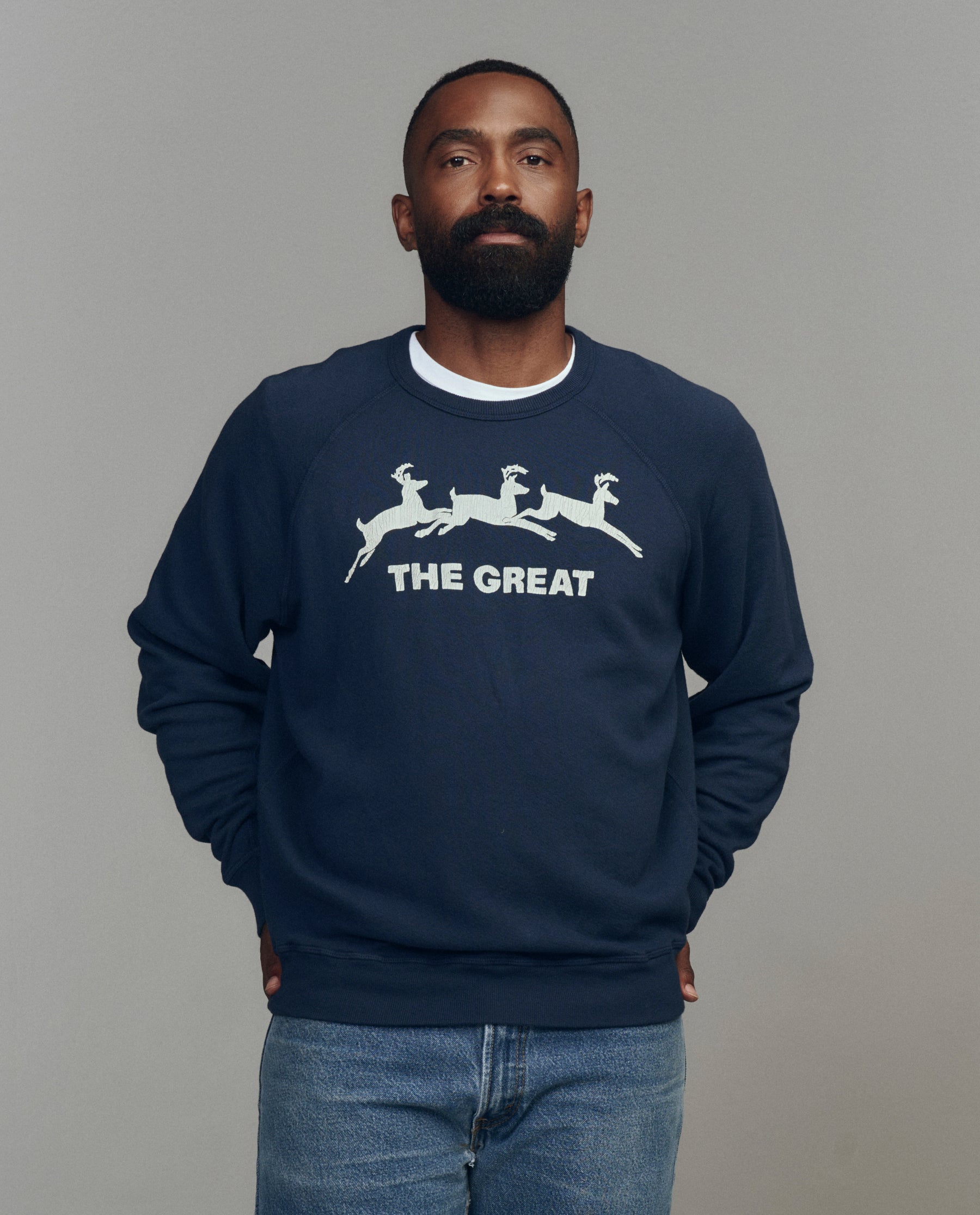 The Men's College Sweatshirt. Graphic -- Navy with Deer Graphic