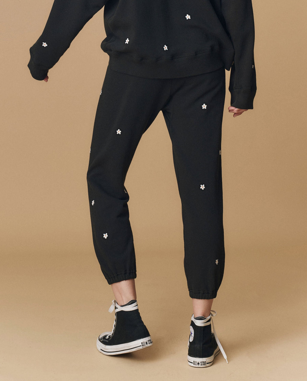 The Stadium Sweatpant. Embroidered -- Almost Black With Daisy Embroidery