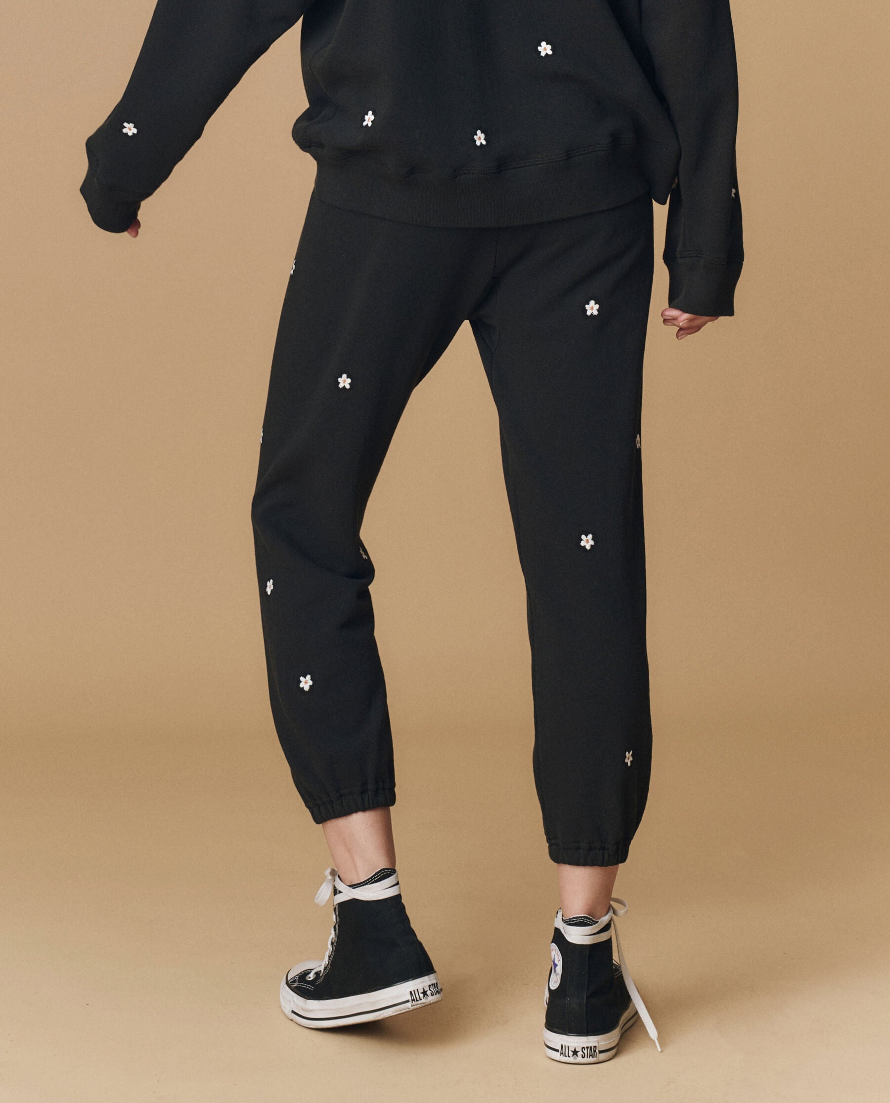 The Stadium Sweatpant. Embroidered -- Almost Black With Daisy Embroidery