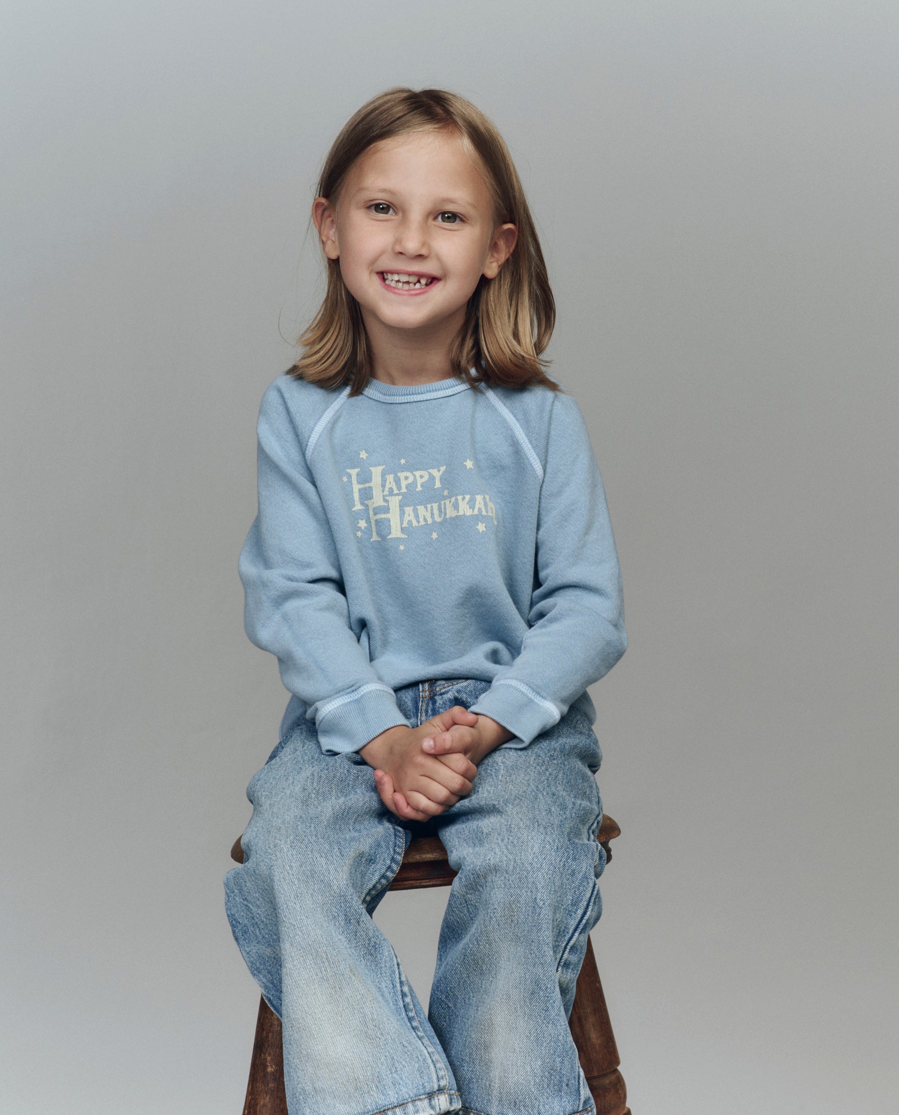 The Little College Sweatshirt. Graphic -- Confection Blue with Happy Hannukah Graphic