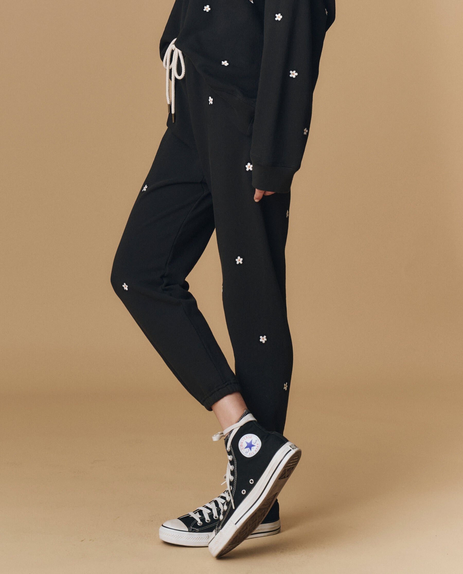 The Stadium Sweatpant. Embroidered -- Almost Black With Daisy Embroidery