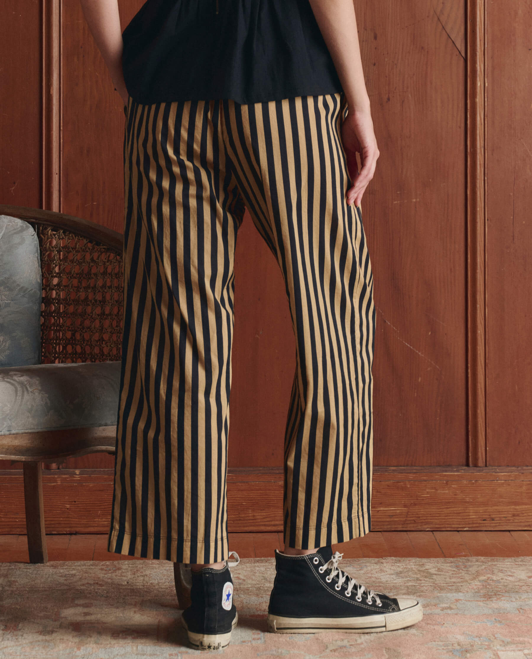 The Everyday Pull On Pant. -- Khaki/Black Club Stripe