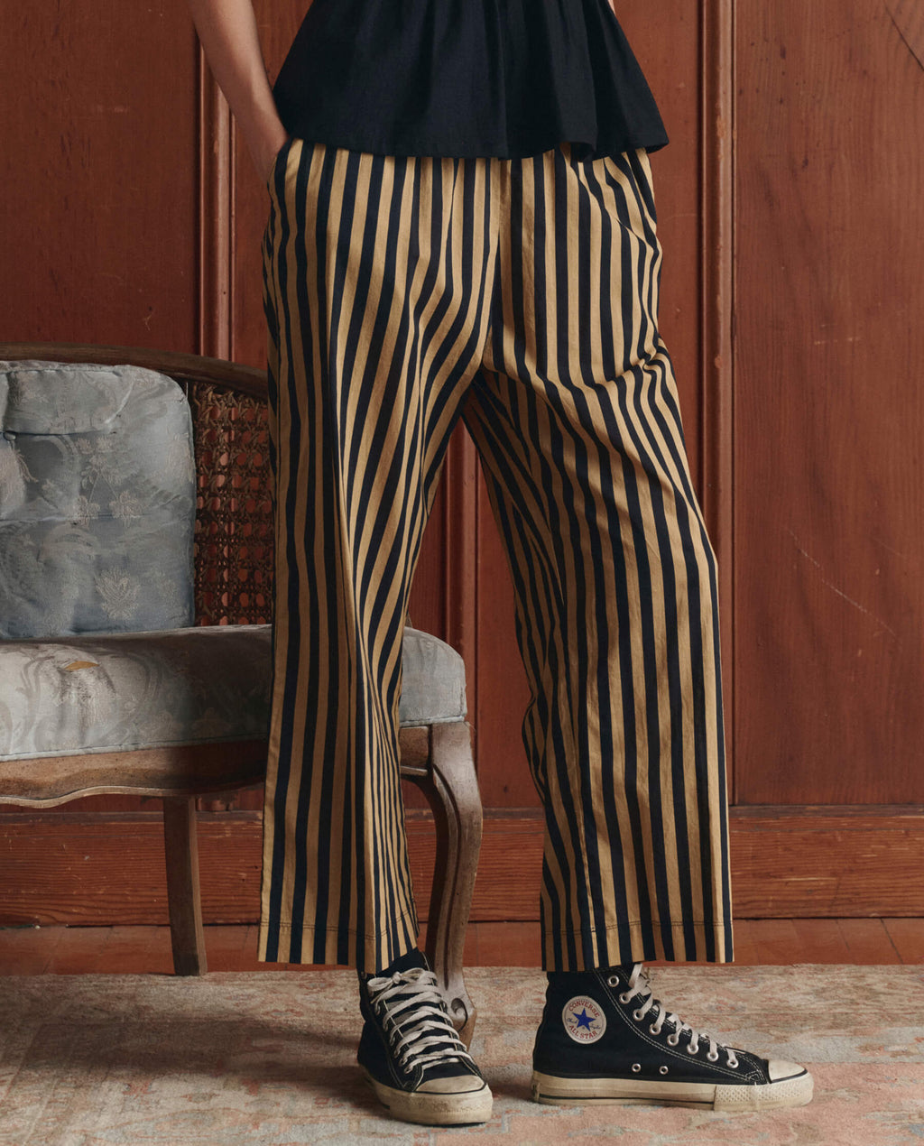 The Everyday Pull On Pant. -- Khaki/Black Club Stripe