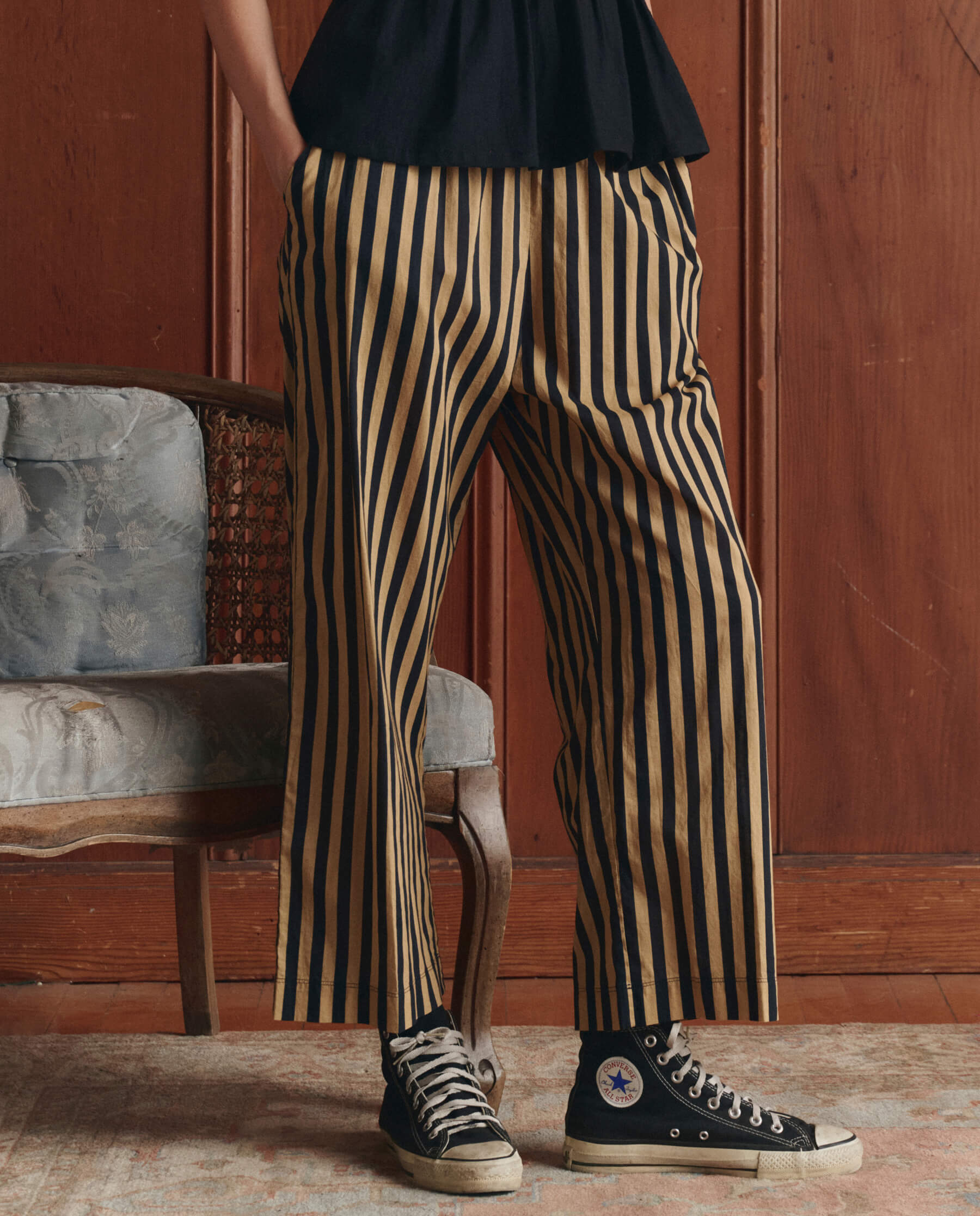 The Everyday Pull On Pant. -- Khaki/Black Club Stripe