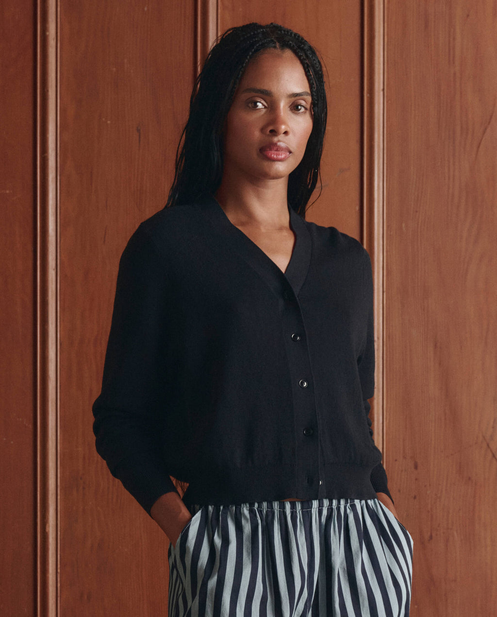 The Shrunken V Neck Cardigan. -- Black