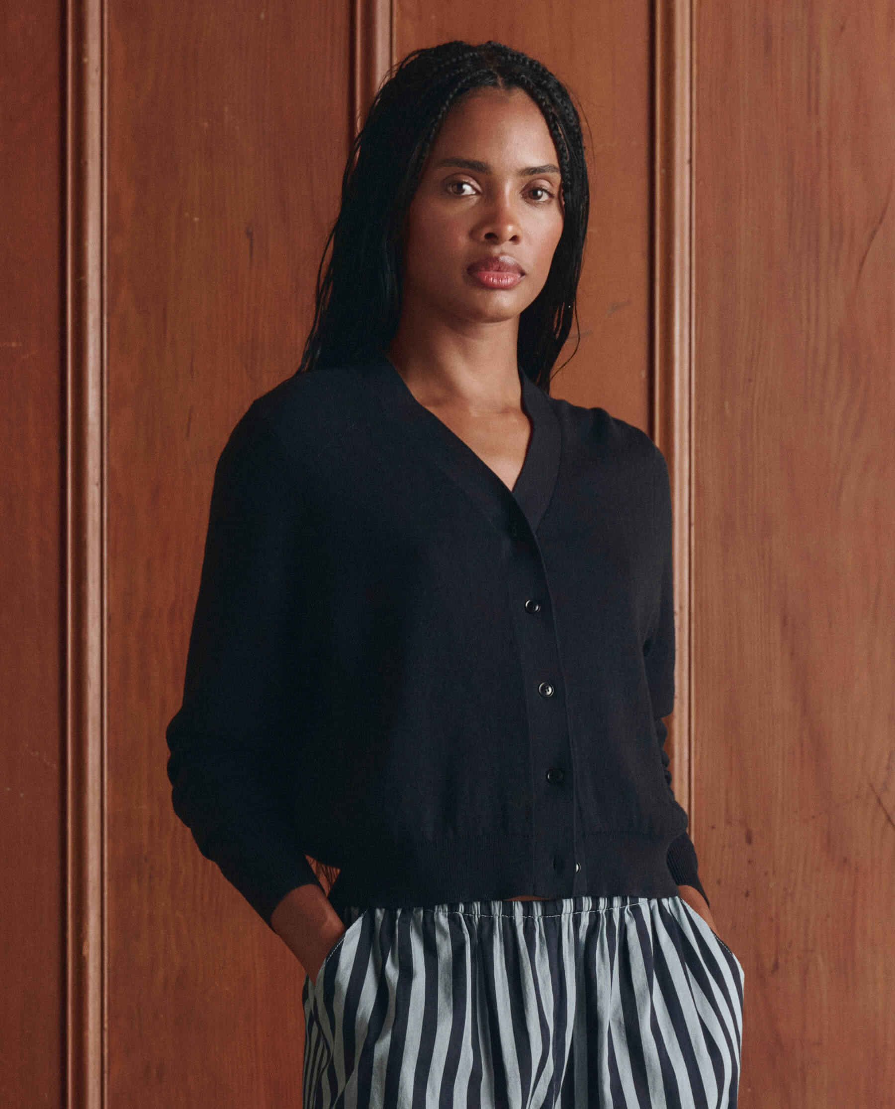 The Shrunken V Neck Cardigan. -- Black