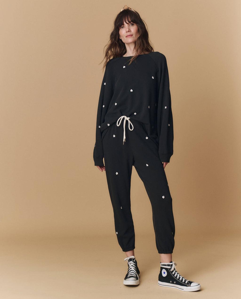The Stadium Sweatpant. Embroidered -- Almost Black With Daisy Embroidery