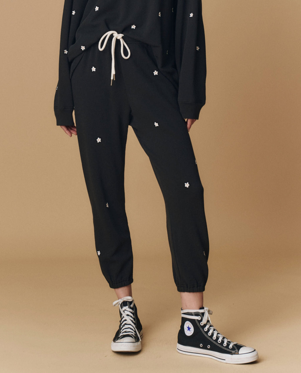 The Stadium Sweatpant. Embroidered -- Almost Black With Daisy Embroidery