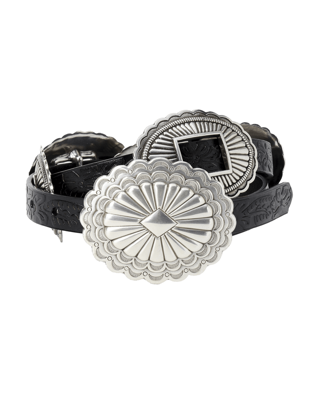 The Tooled Leather Concho Belt. -- Black With Silver