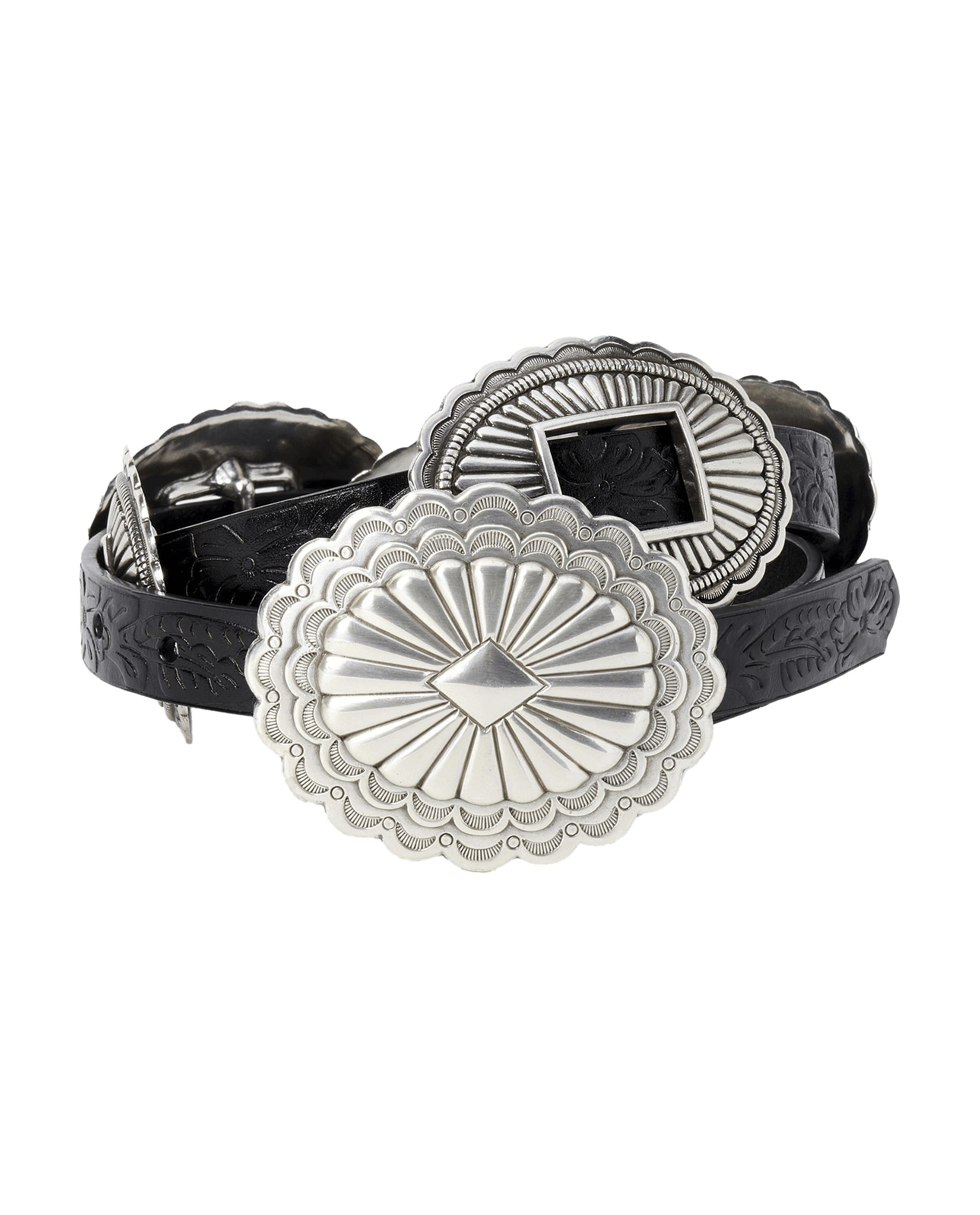 The Tooled Leather Concho Belt. -- Black With Silver