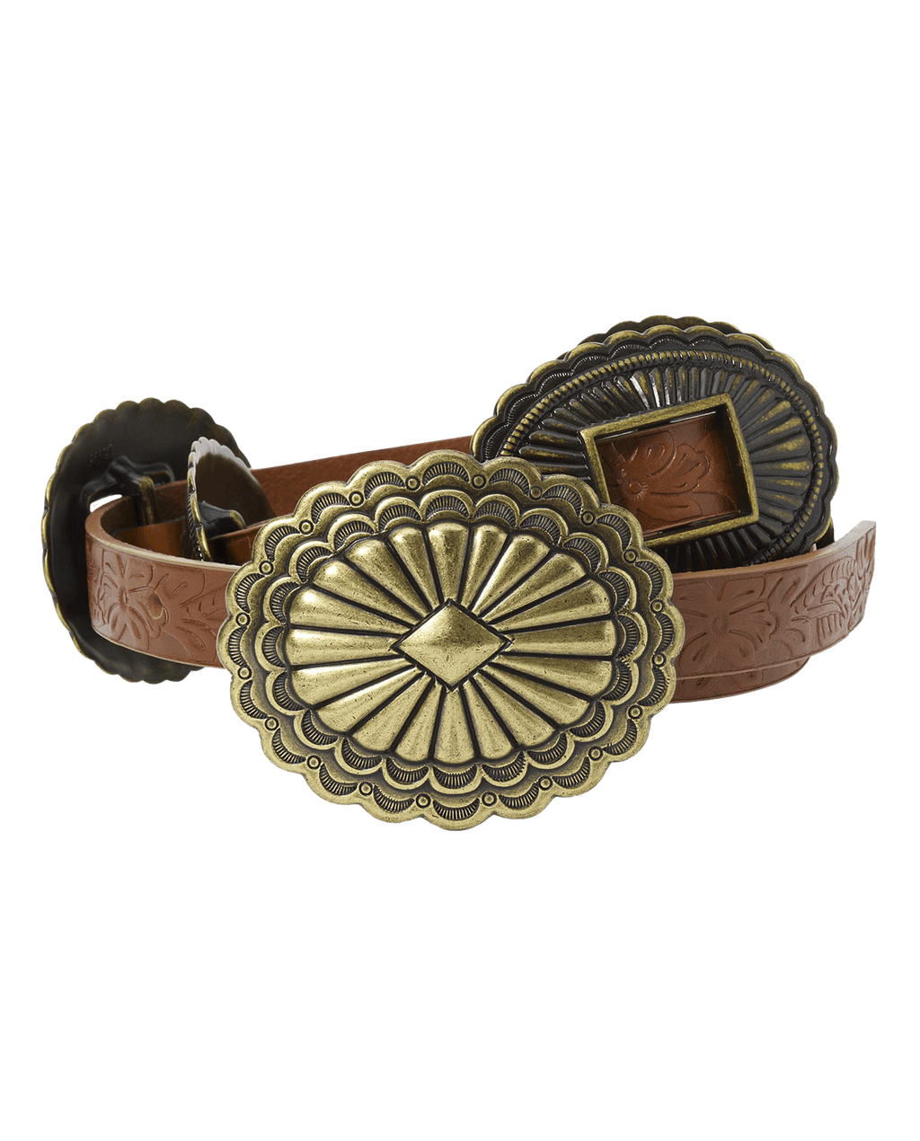 The Tooled Leather Concho Belt. -- Cognac With Brass