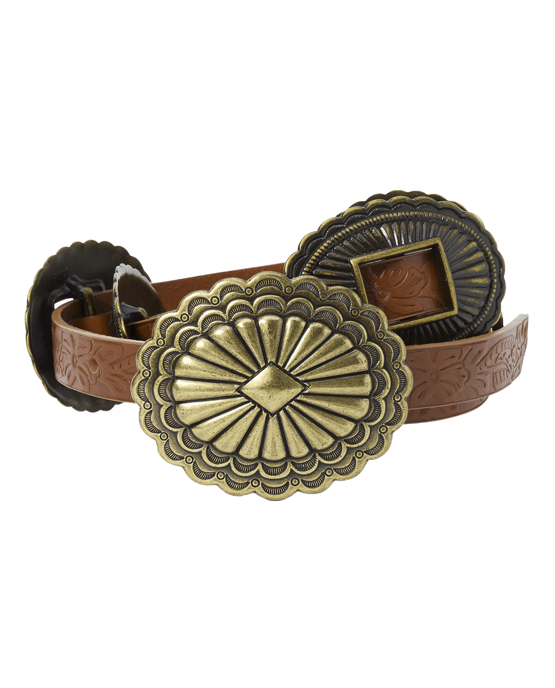 The Tooled Leather Concho Belt. -- Cognac With Brass