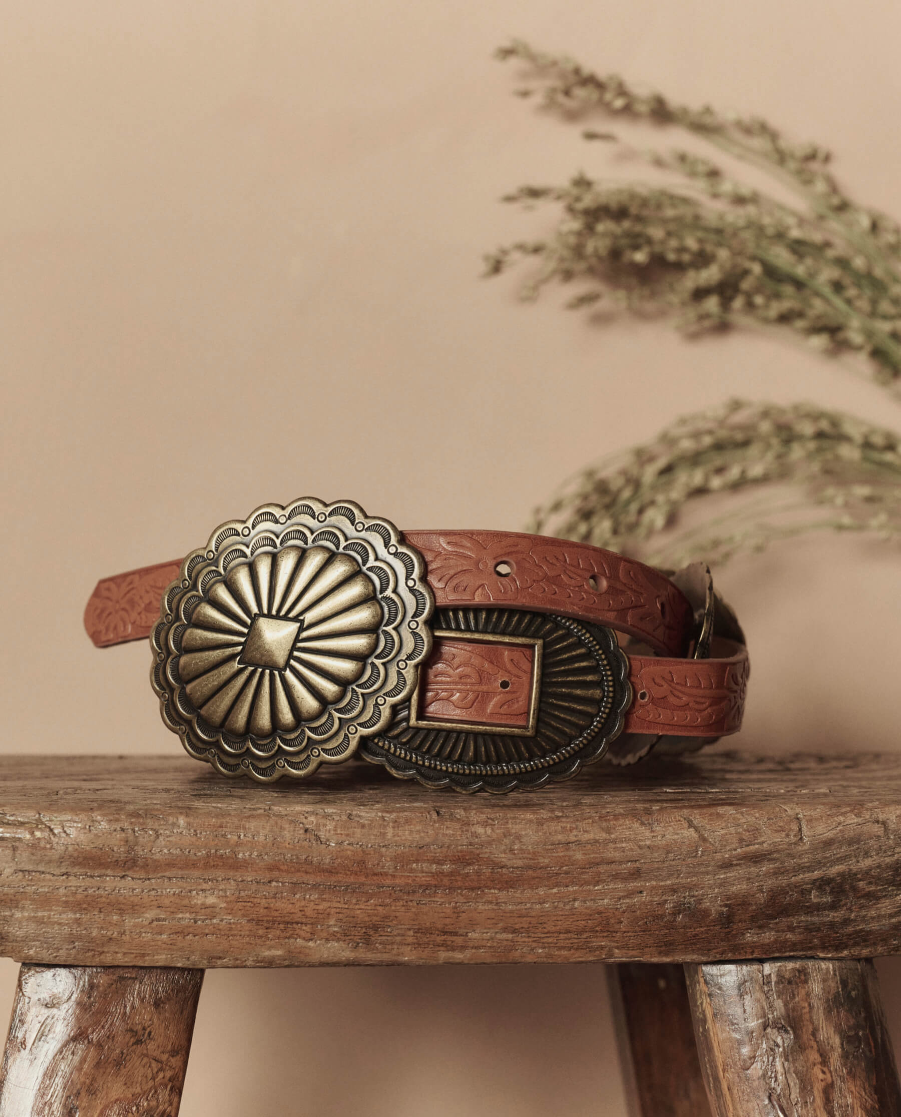 The Tooled Leather Concho Belt. -- Cognac With Brass