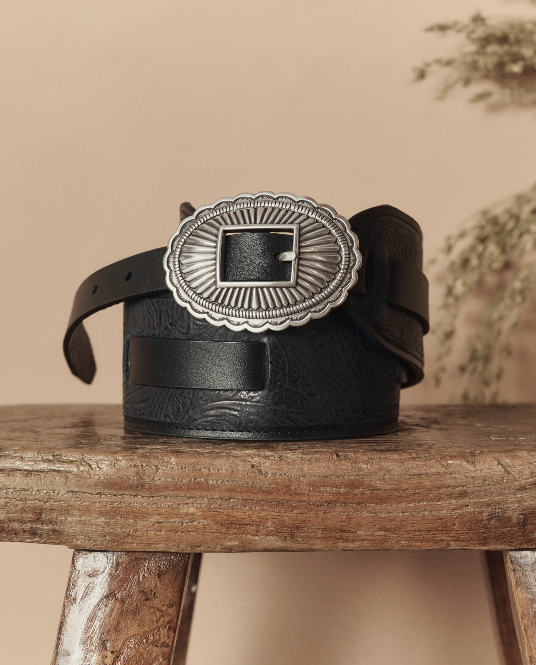 The Tooled Waist Belt. -- Black With Silver