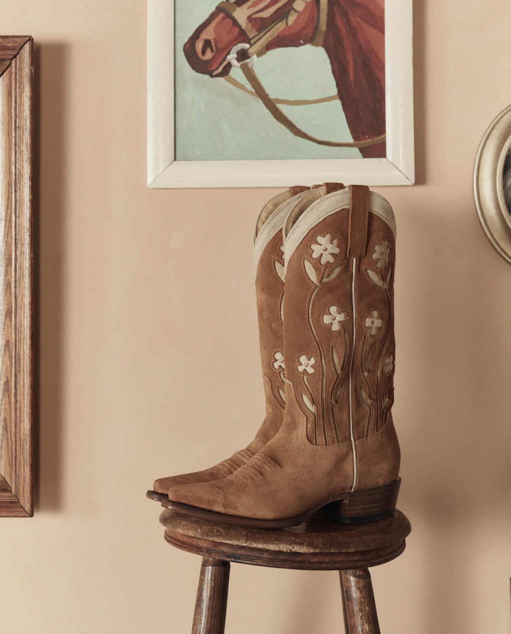 The Cowboy Boot (Suede Floral). -- Tan Floral