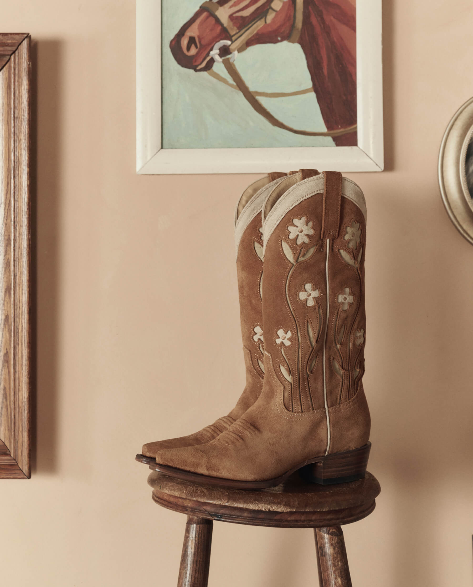 The Cowboy Boot (Suede Floral). -- Tan Floral
