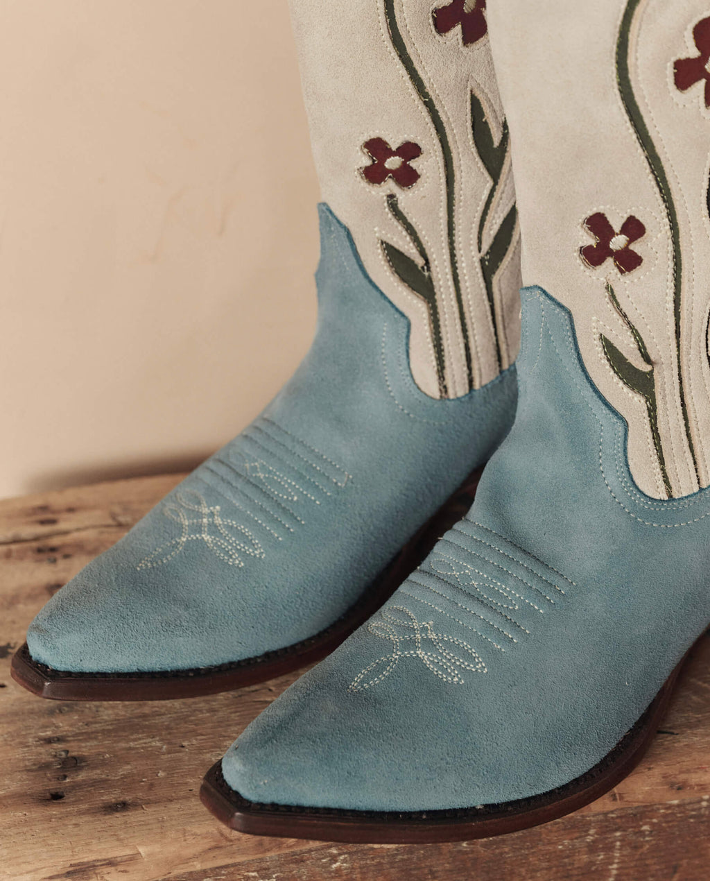 The Cowboy Boot (Suede Floral). -- Washed Indigo Floral