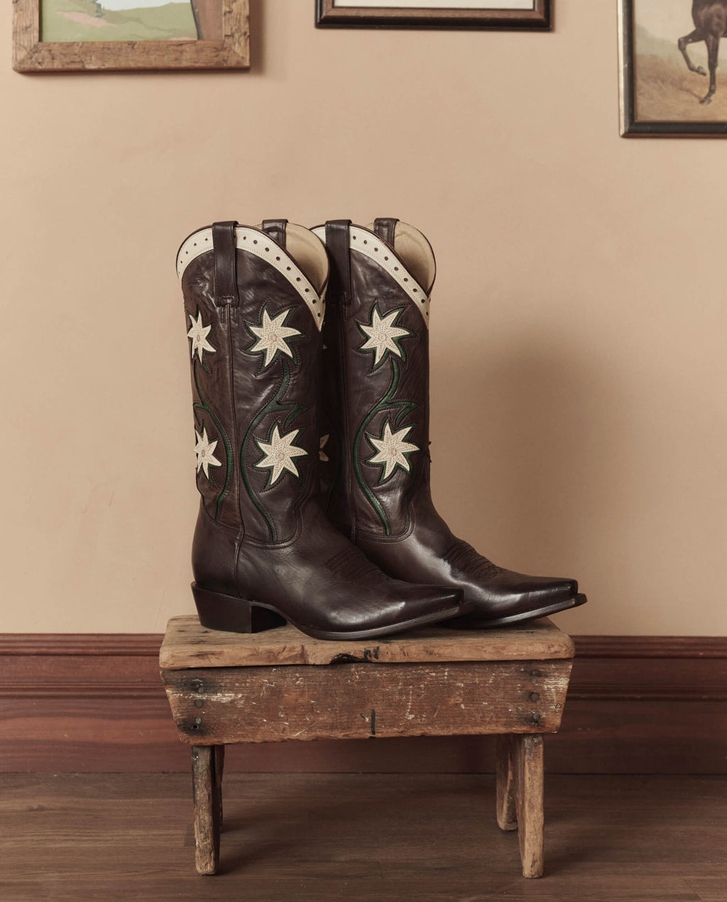 The Cowboy Boot (Leather Floral). -- Brown Floral