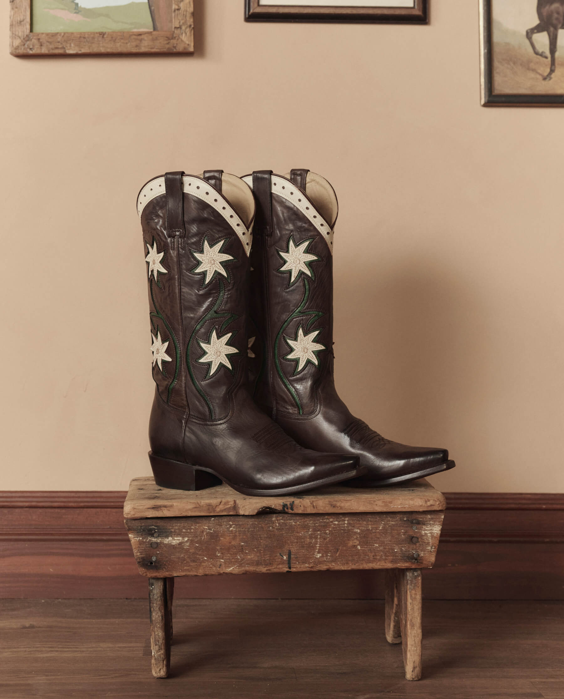 The Cowboy Boot (Leather Floral). -- Brown Floral