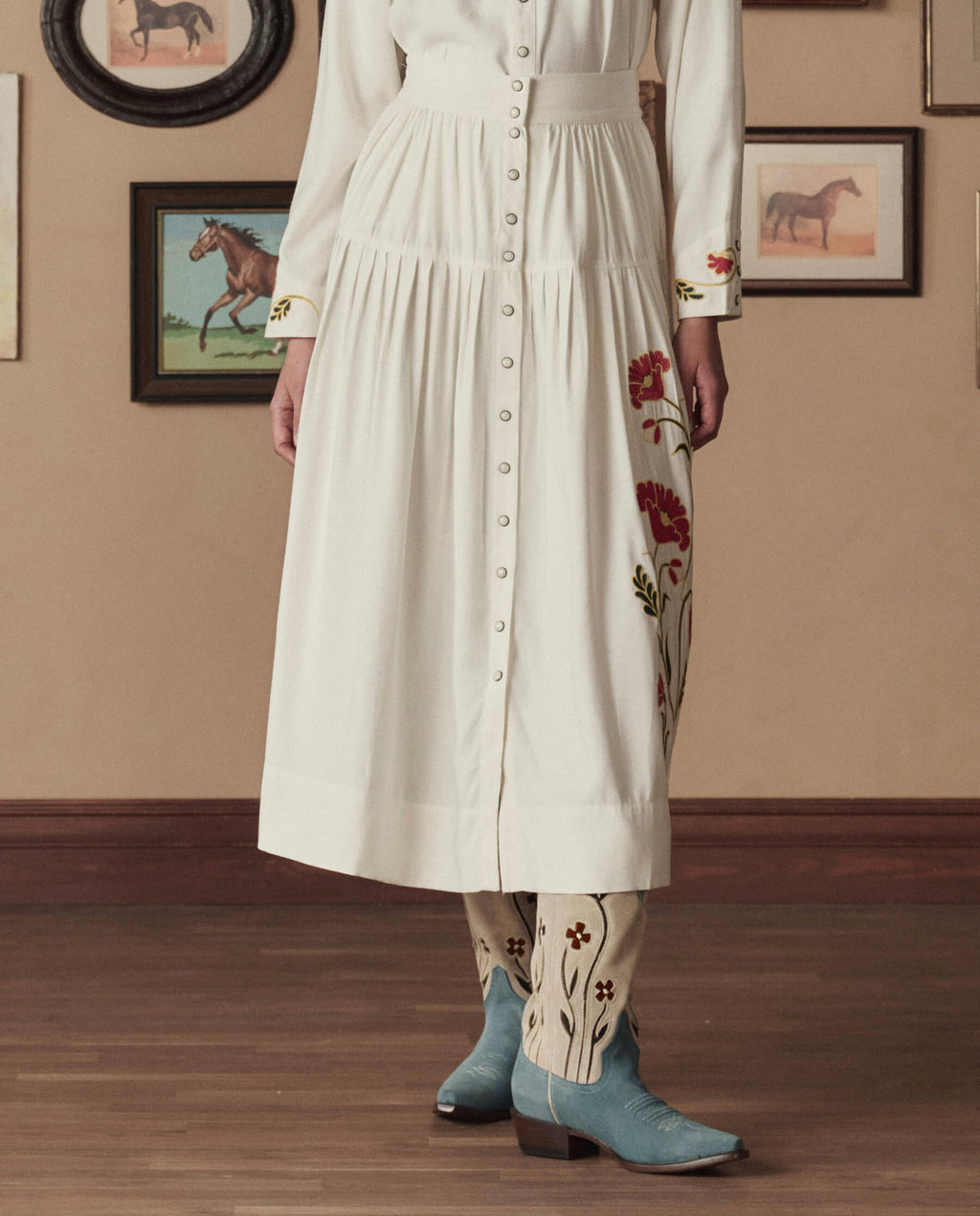 The Western Embroidered Highland Skirt. -- Cream With Chambray Mix Multi Emb