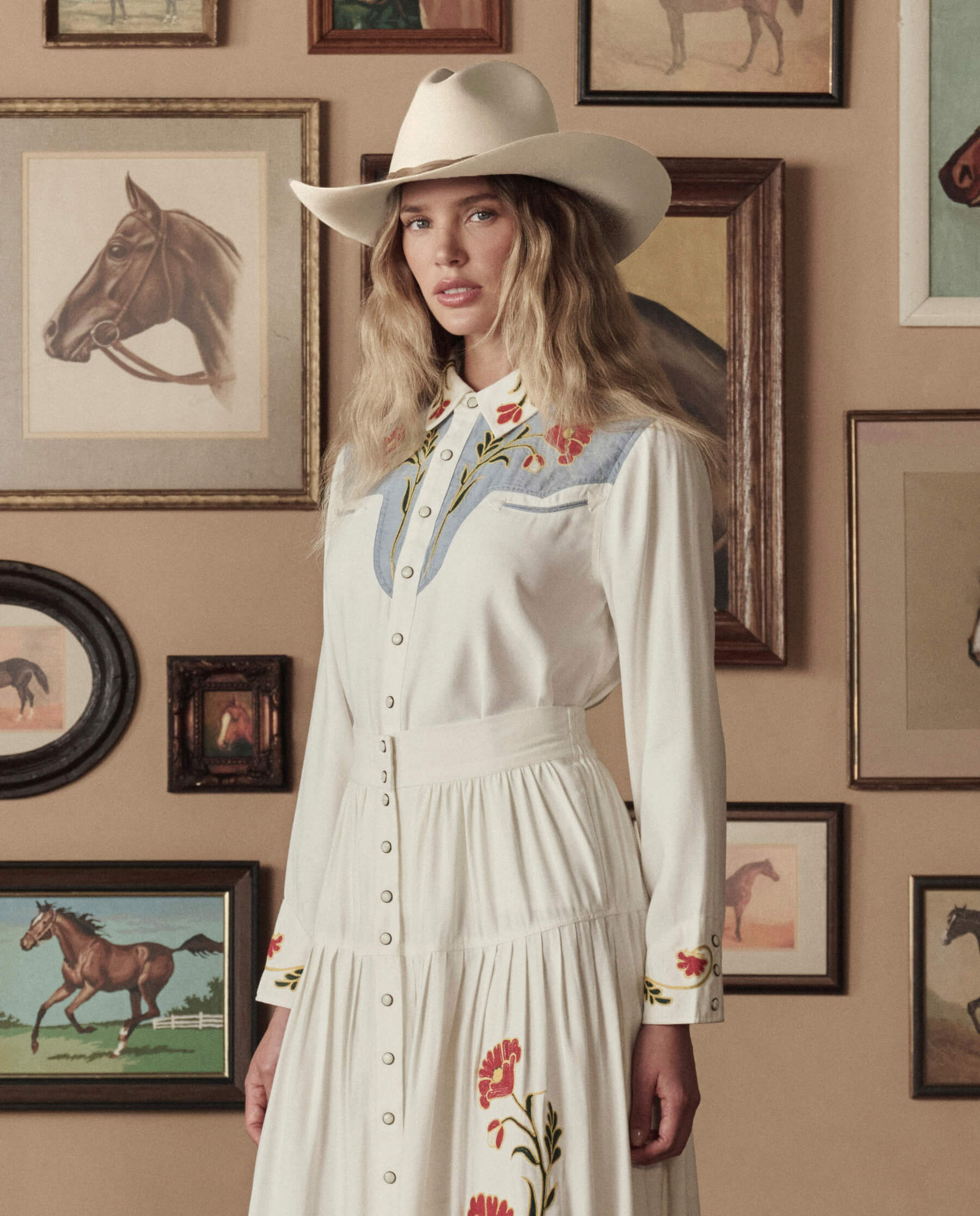 The Embroidered Western Shirt. -- Cream With Chambray Mix Multi Emb