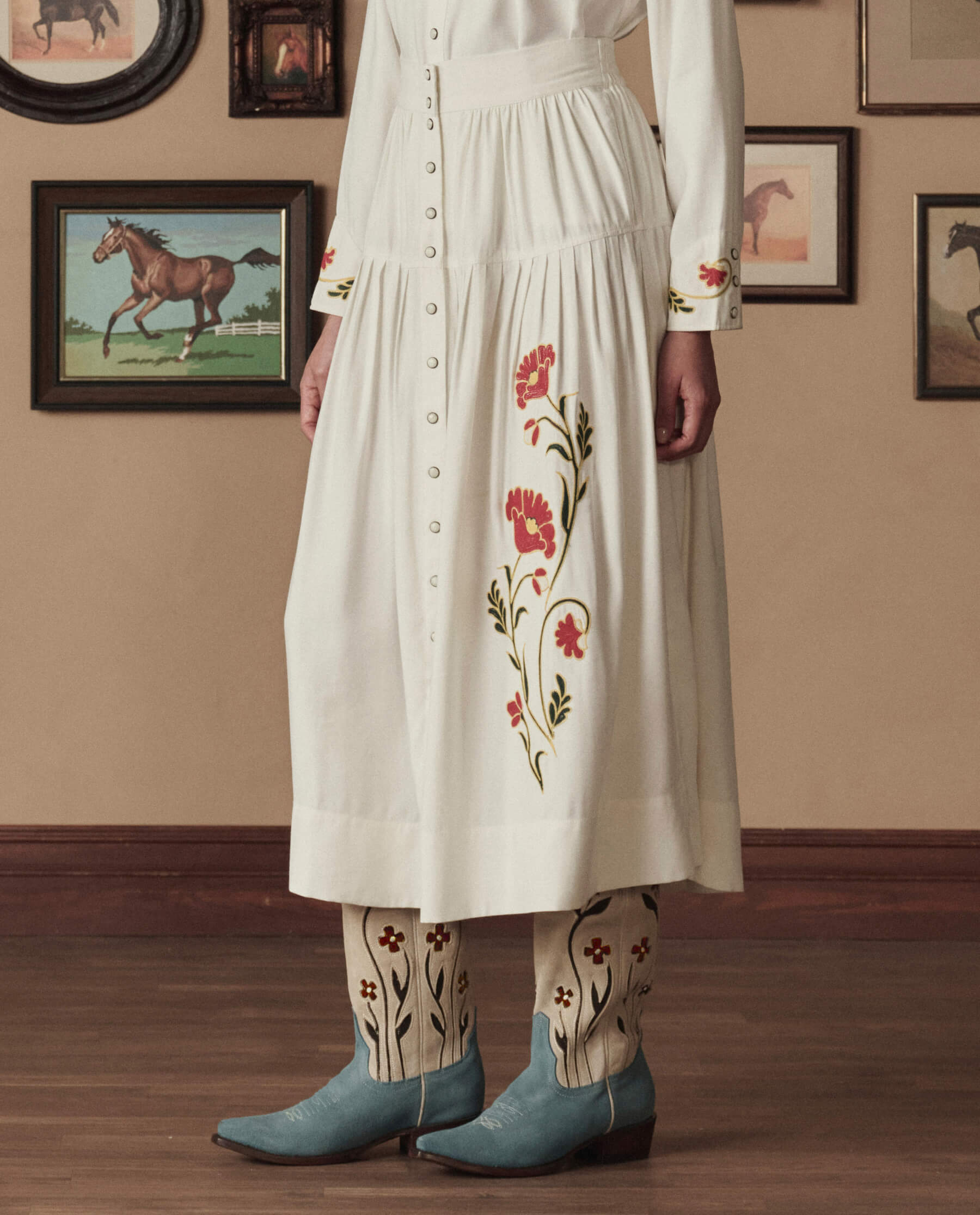 The Western Embroidered Highland Skirt. -- Cream With Chambray Mix Multi Emb