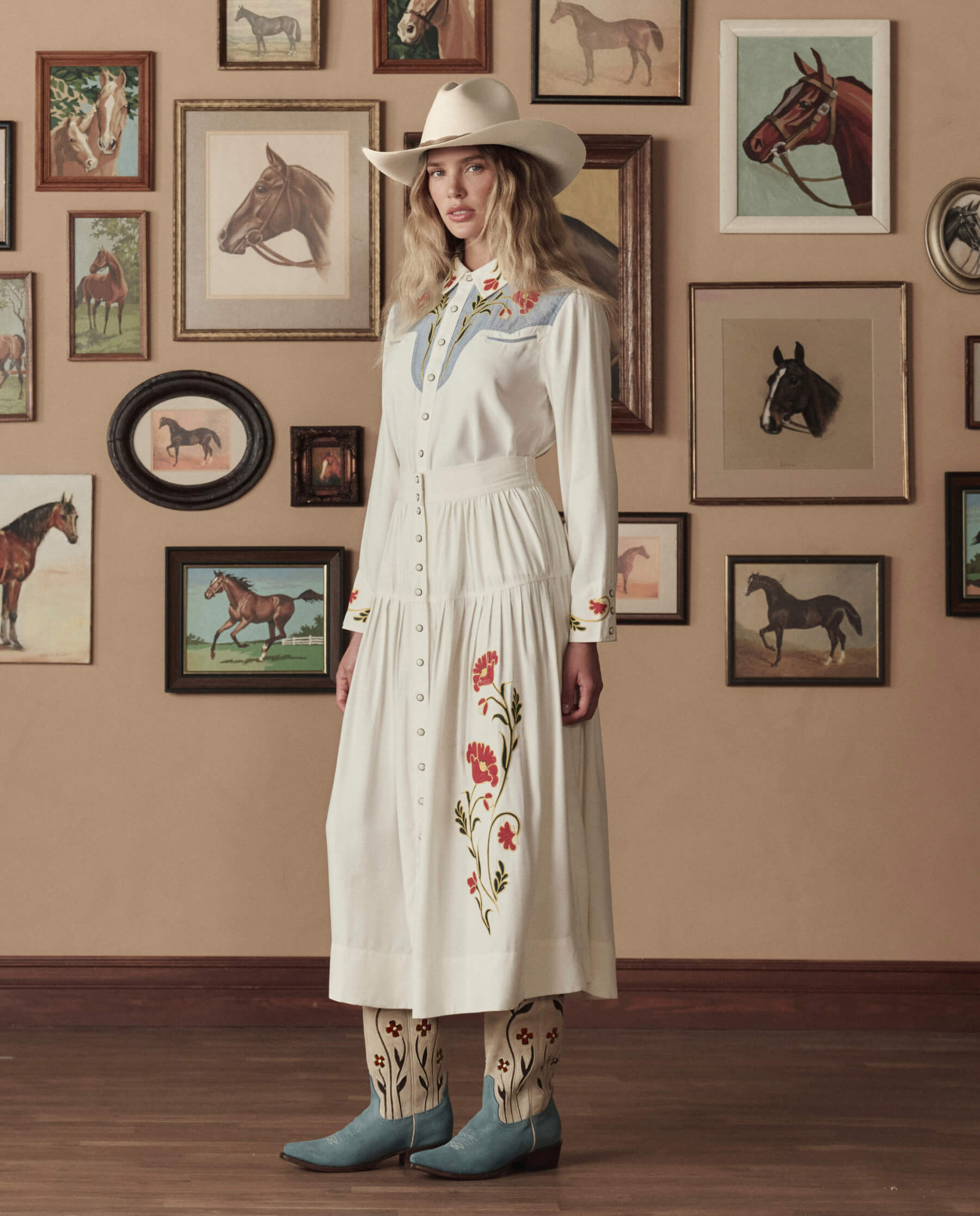 The Western Embroidered Highland Skirt. -- Cream With Chambray Mix Multi Emb