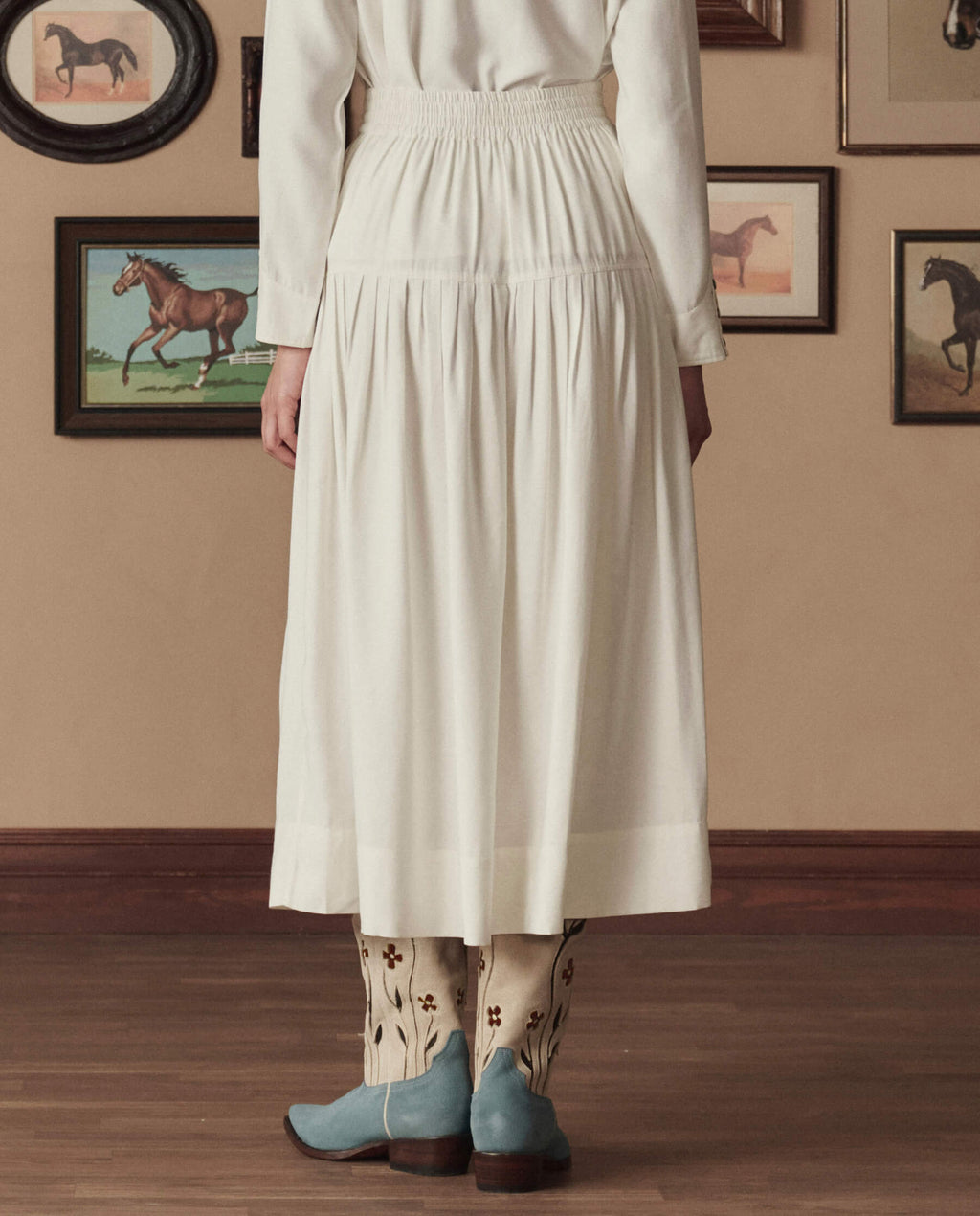 The Western Embroidered Highland Skirt. -- Cream With Chambray Mix Multi Emb