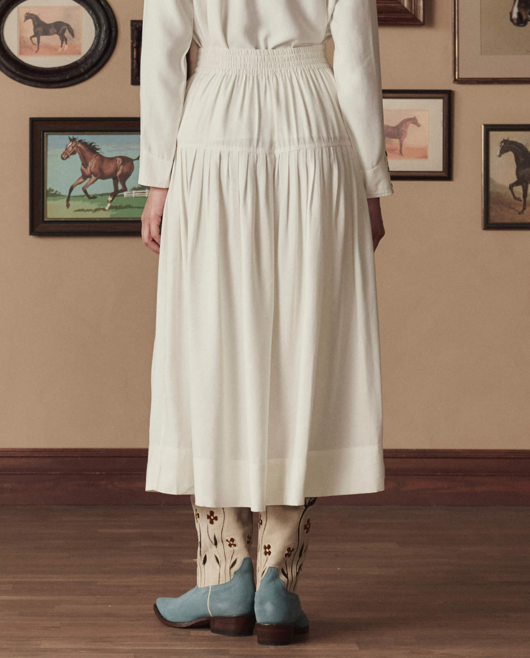 The Western Embroidered Highland Skirt. -- Cream With Chambray Mix Multi Emb