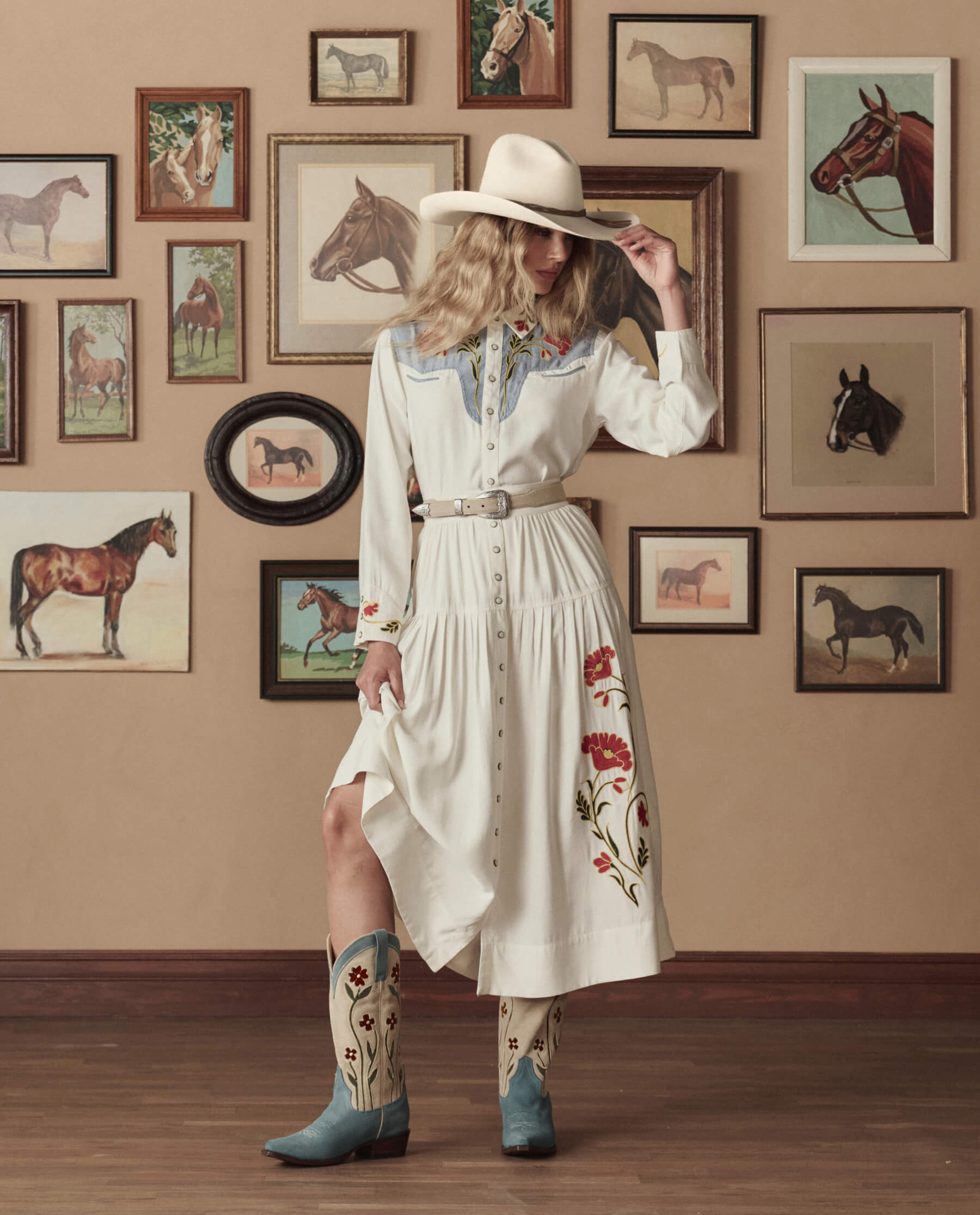 The Western Embroidered Highland Skirt. -- Cream With Chambray Mix Multi Emb