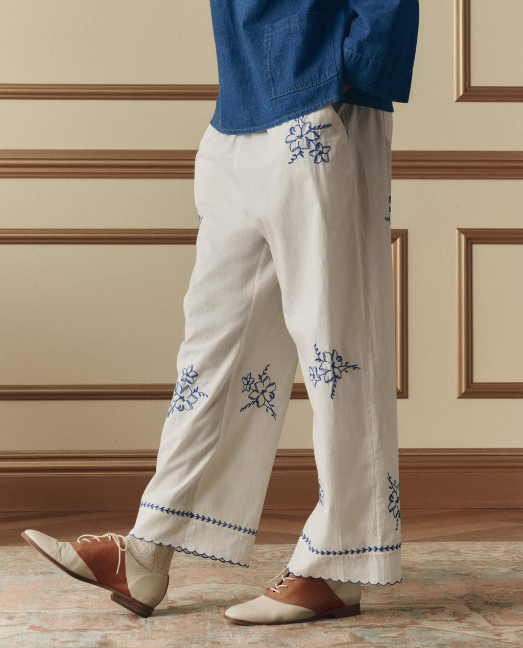 The Weekend Pant W/ Hanky Embroidery. -- Cream