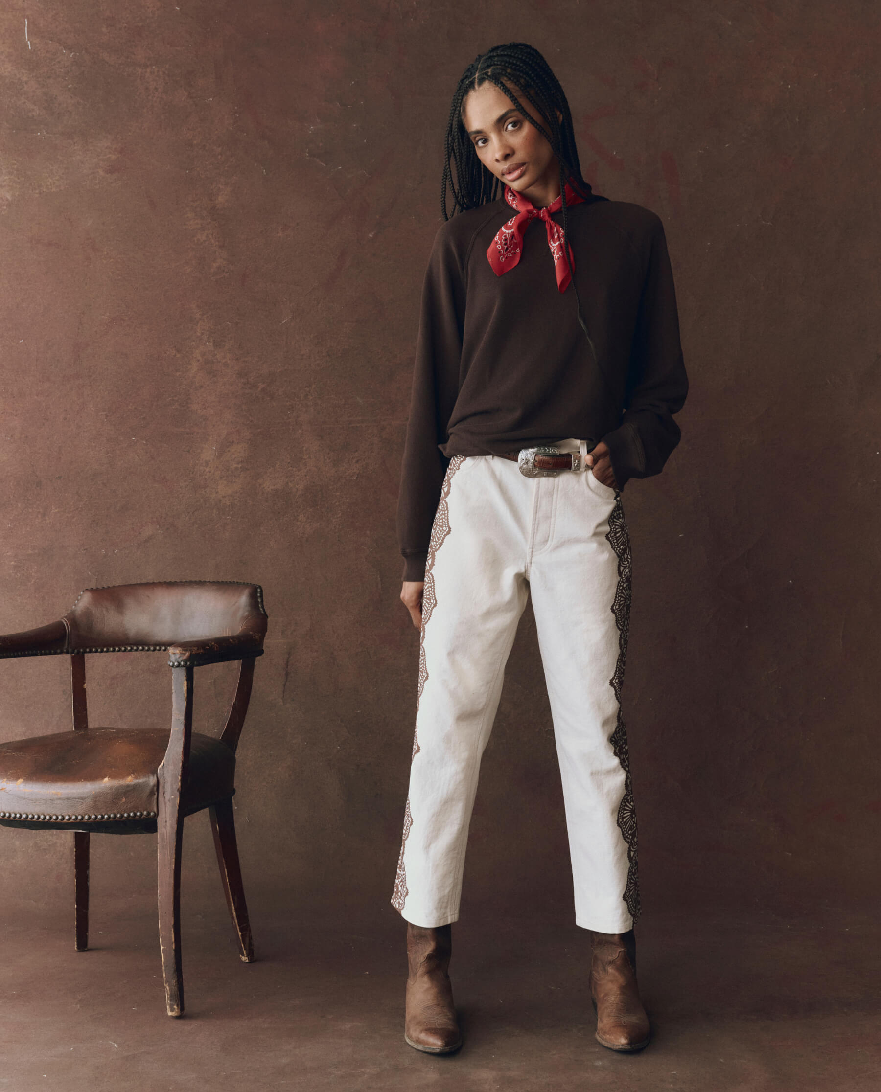 The Lace Print Wayne Jean. -- Cream with Brown