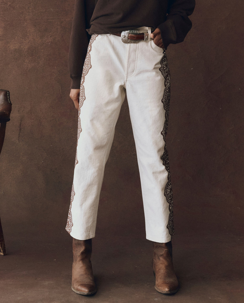 The Lace Print Wayne Jean. -- Cream with Brown