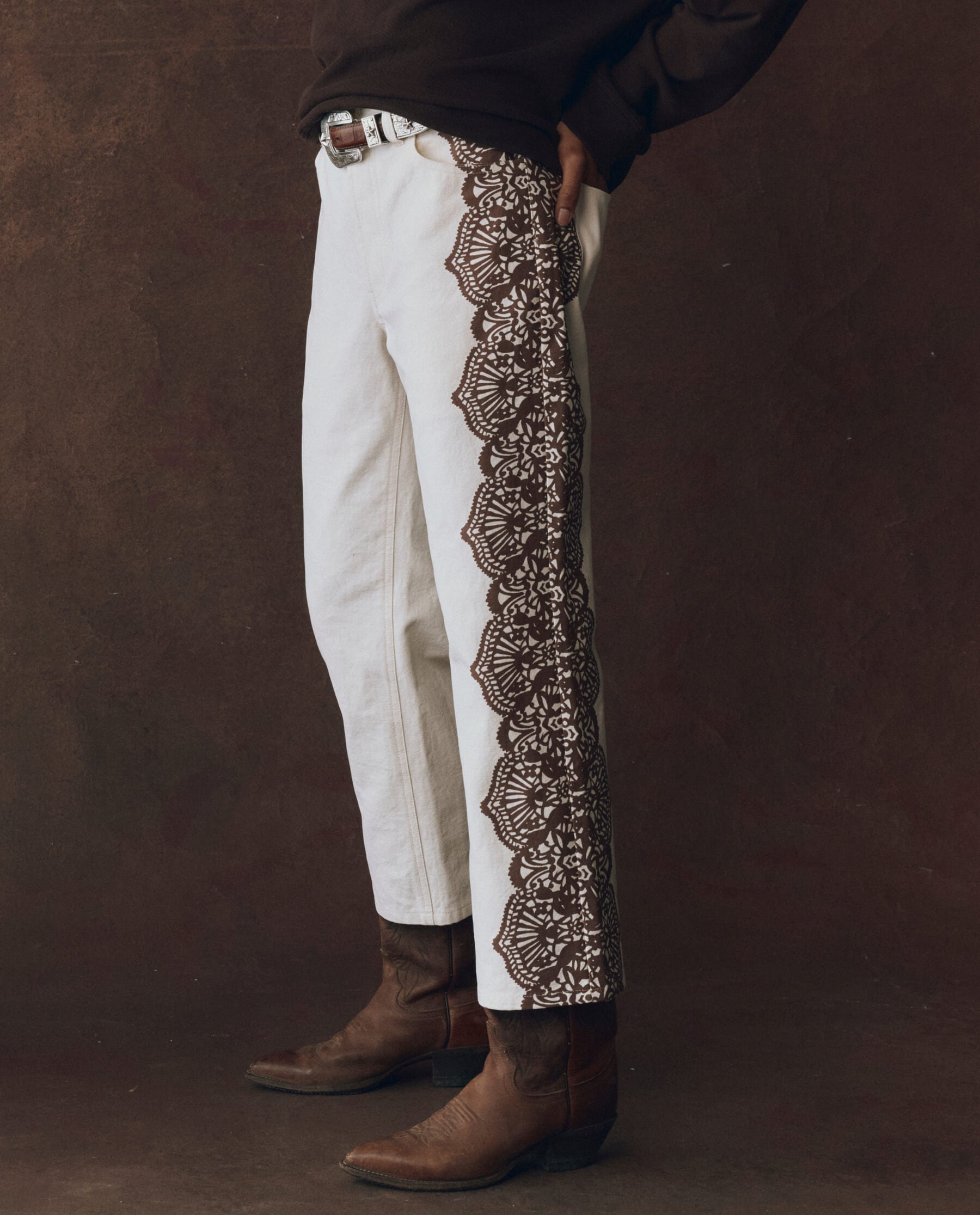 The Lace Print Wayne Jean. -- Cream with Brown