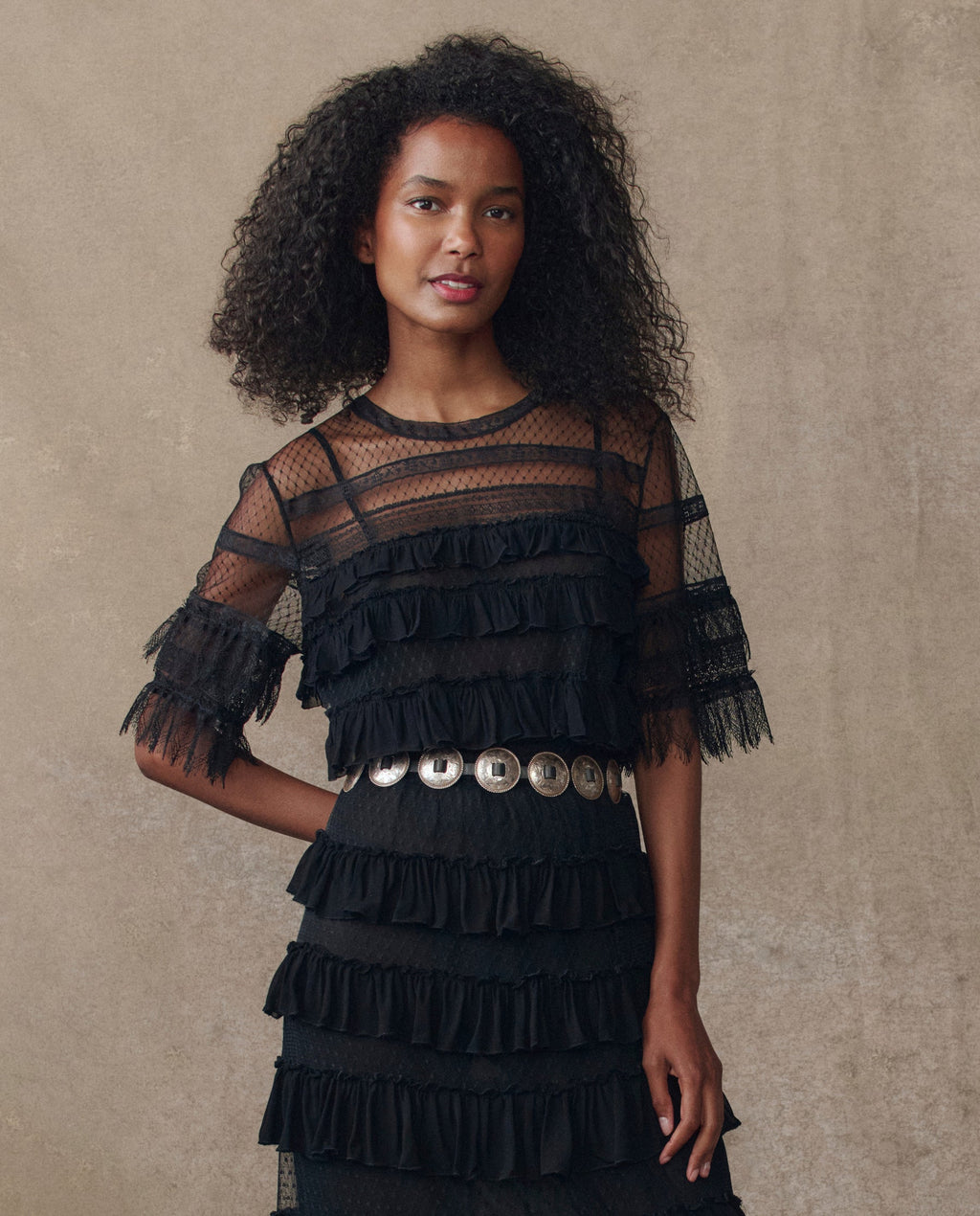 The Winter Mesh Flounce Top. -- Black