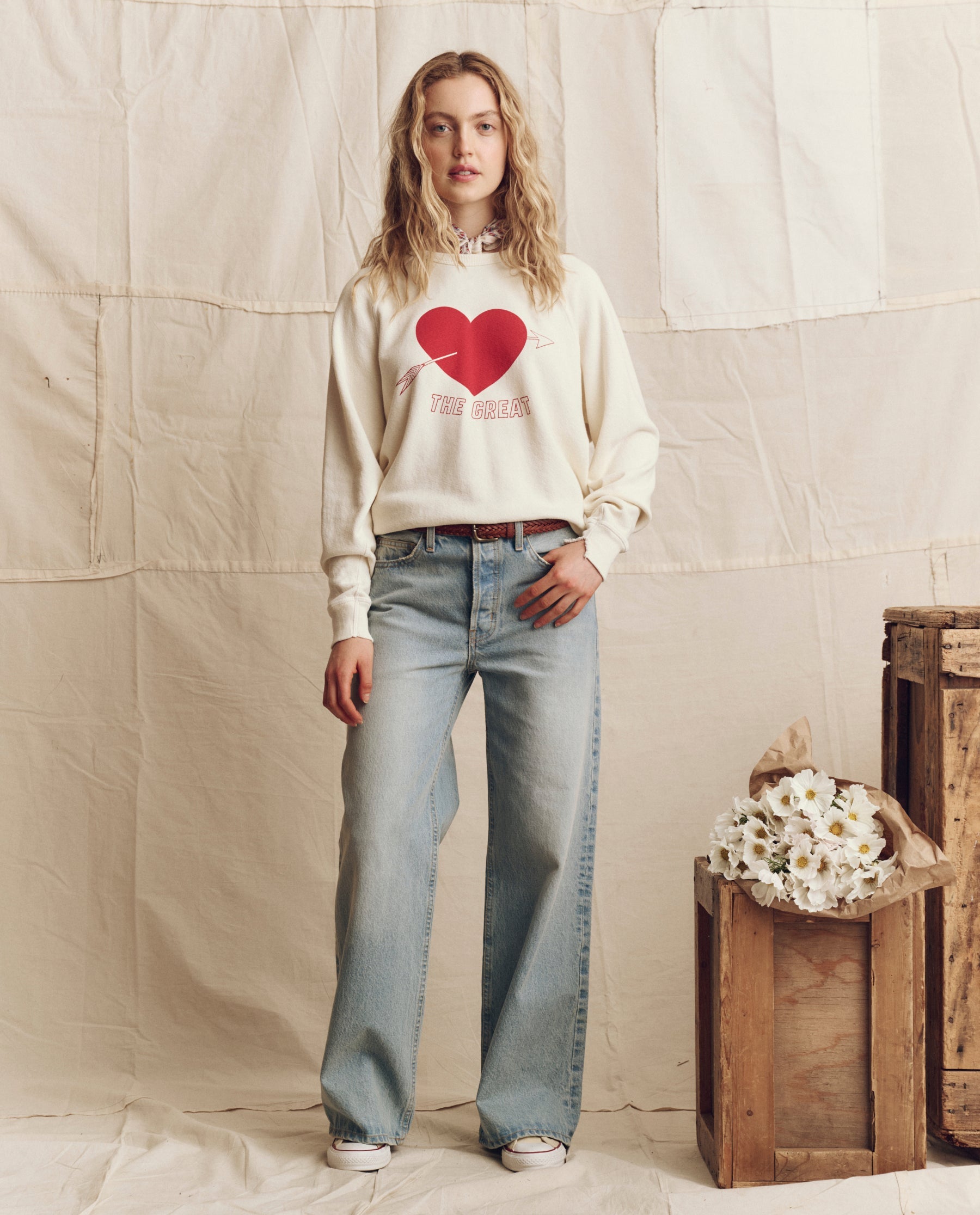 The College Sweatshirt. Novelty -- Washed White with Red Heart Graphic