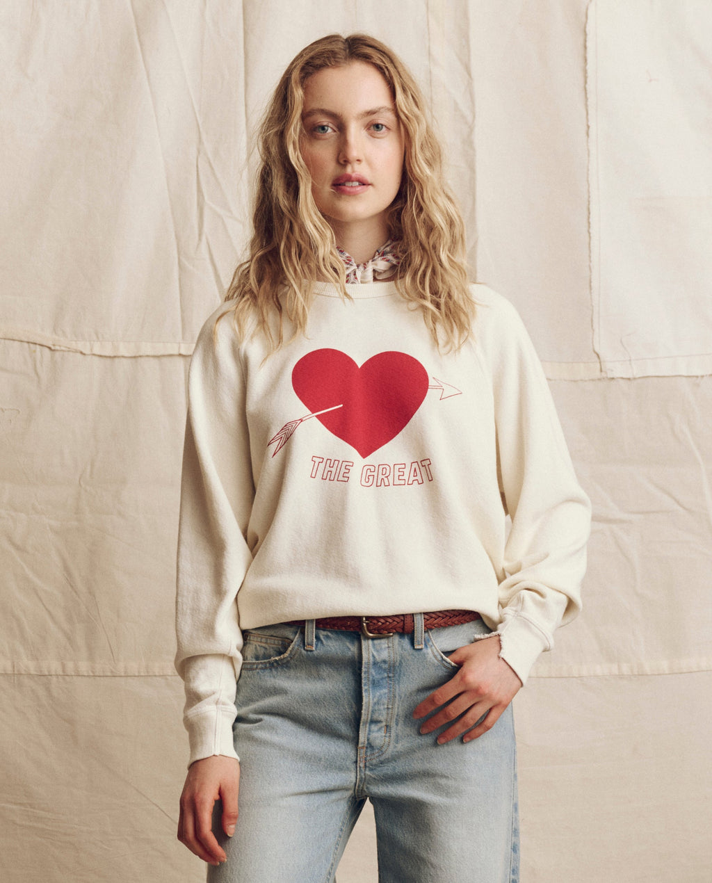 The College Sweatshirt. Novelty -- Washed White with Red Heart Graphic