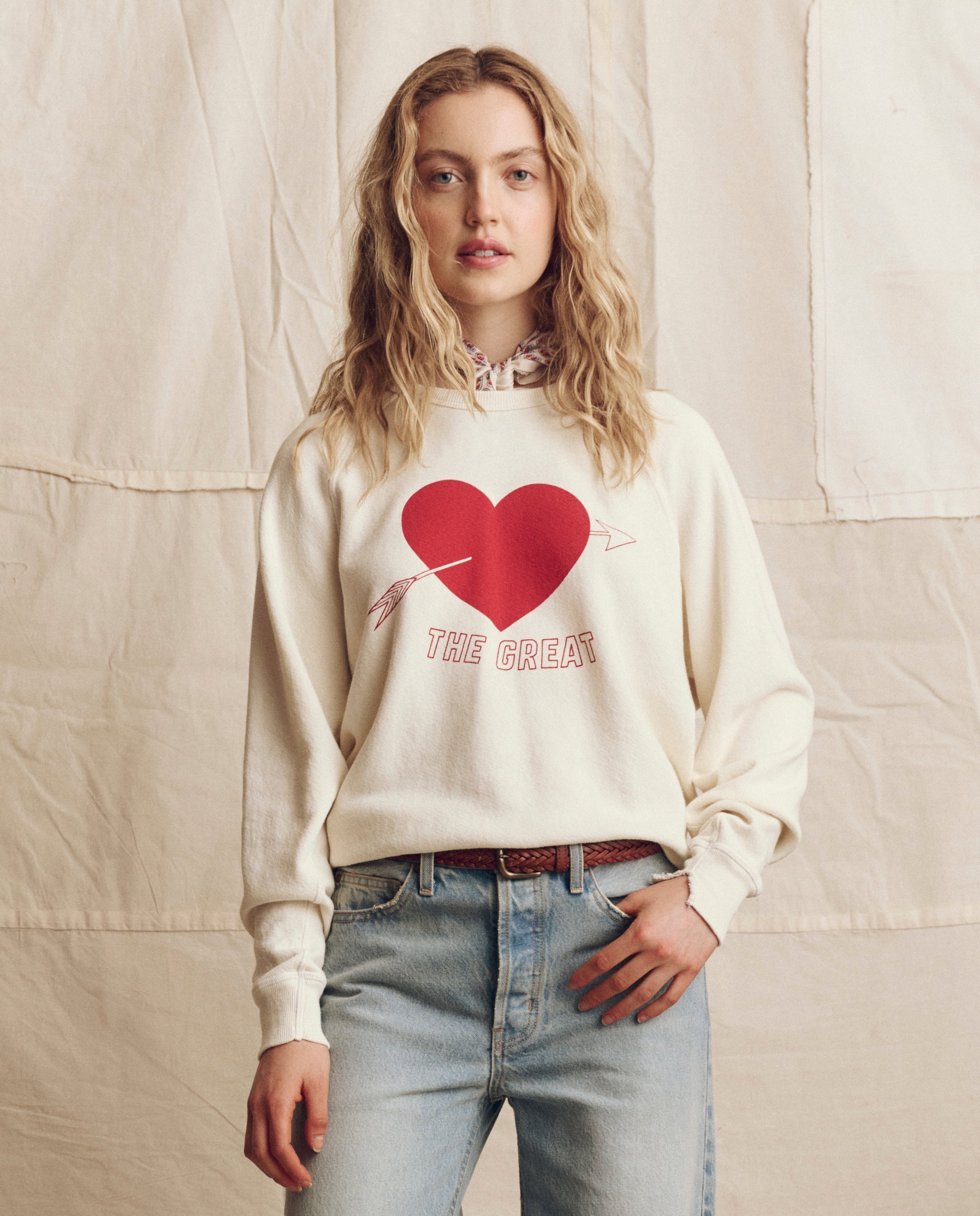 The College Sweatshirt. Novelty -- Washed White with Red Heart Graphic