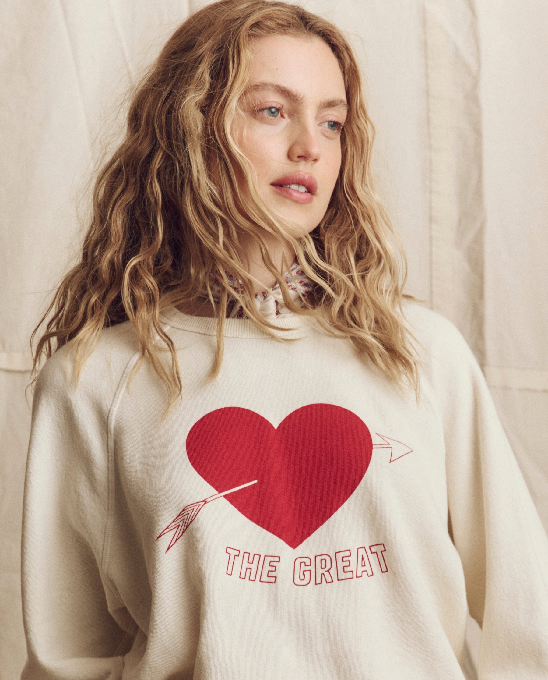 The College Sweatshirt. Novelty -- Washed White with Red Heart Graphic