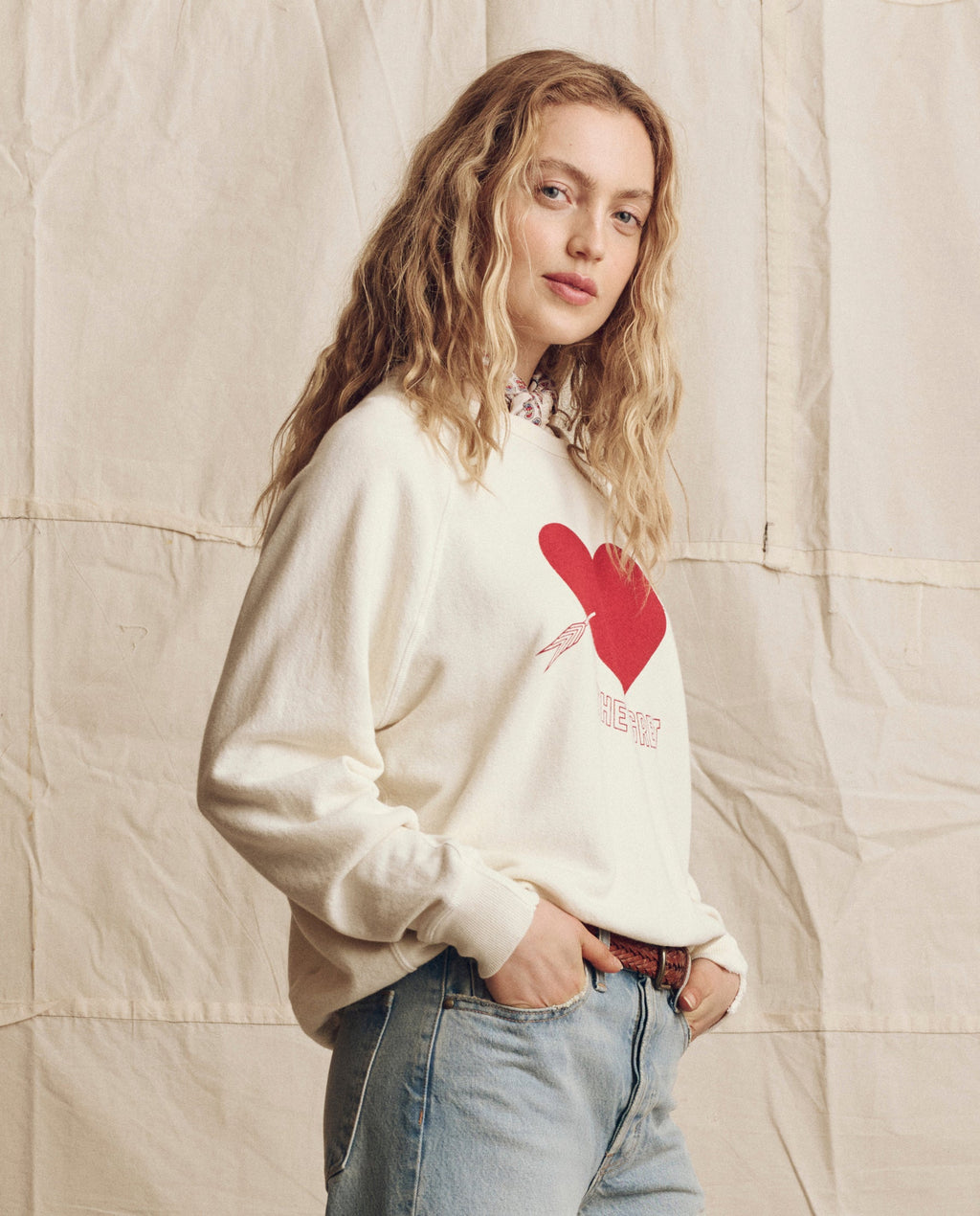 The College Sweatshirt. Novelty -- Washed White with Red Heart Graphic