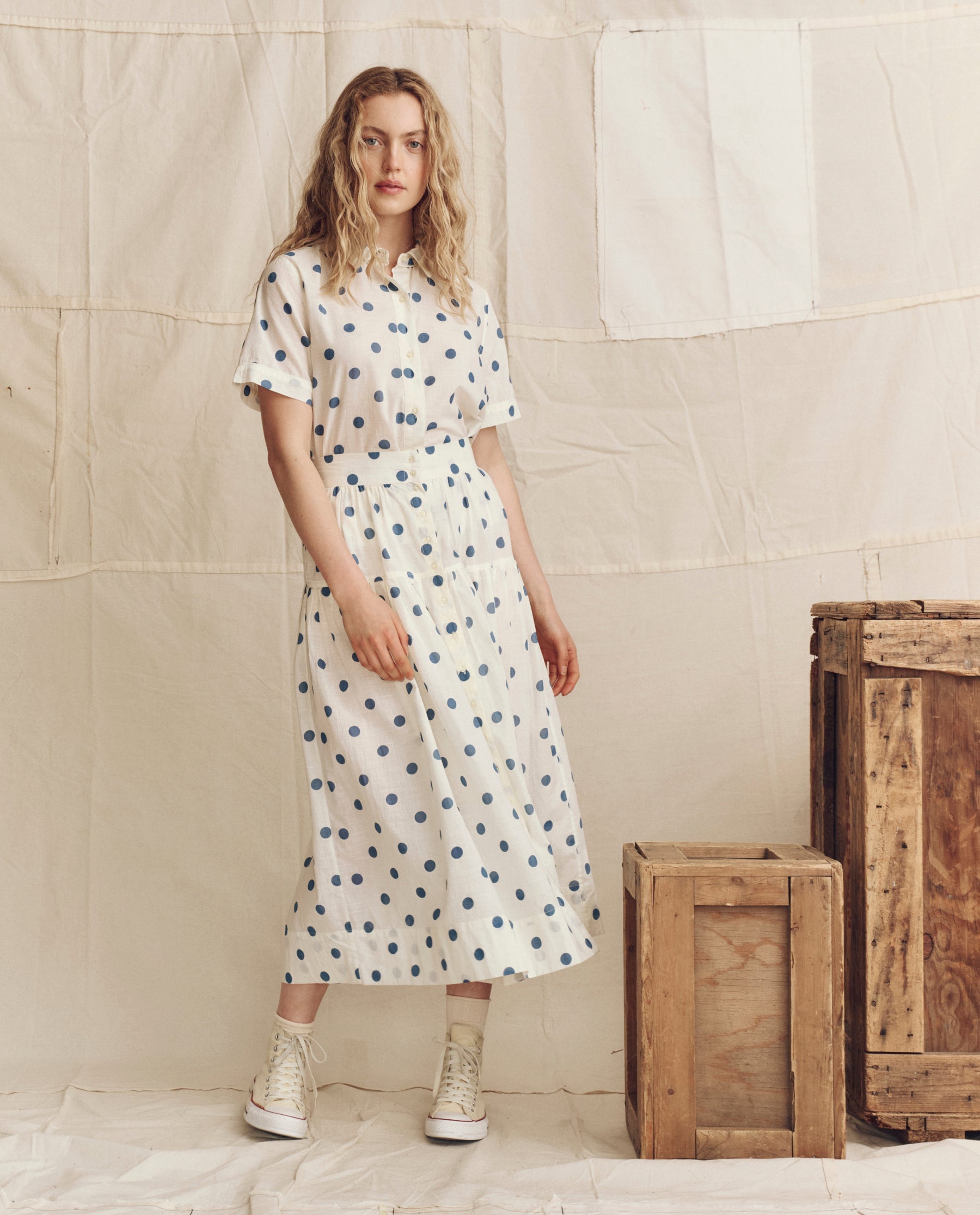 The Highland Skirt. -- Cream with Blue Polka Dots