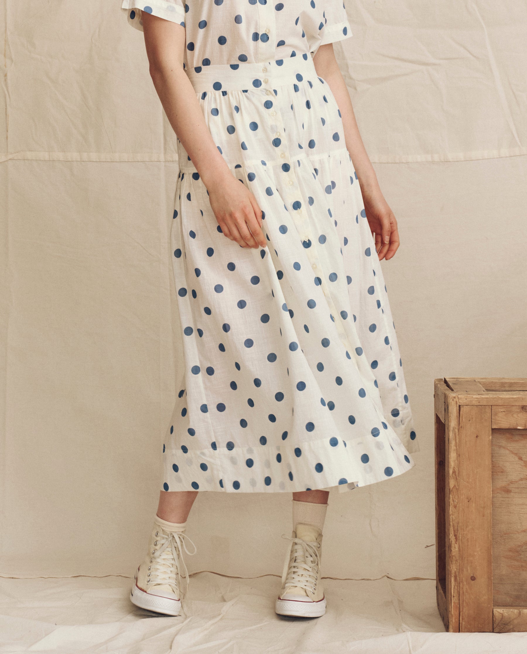The Highland Skirt. -- Cream with Blue Polka Dots