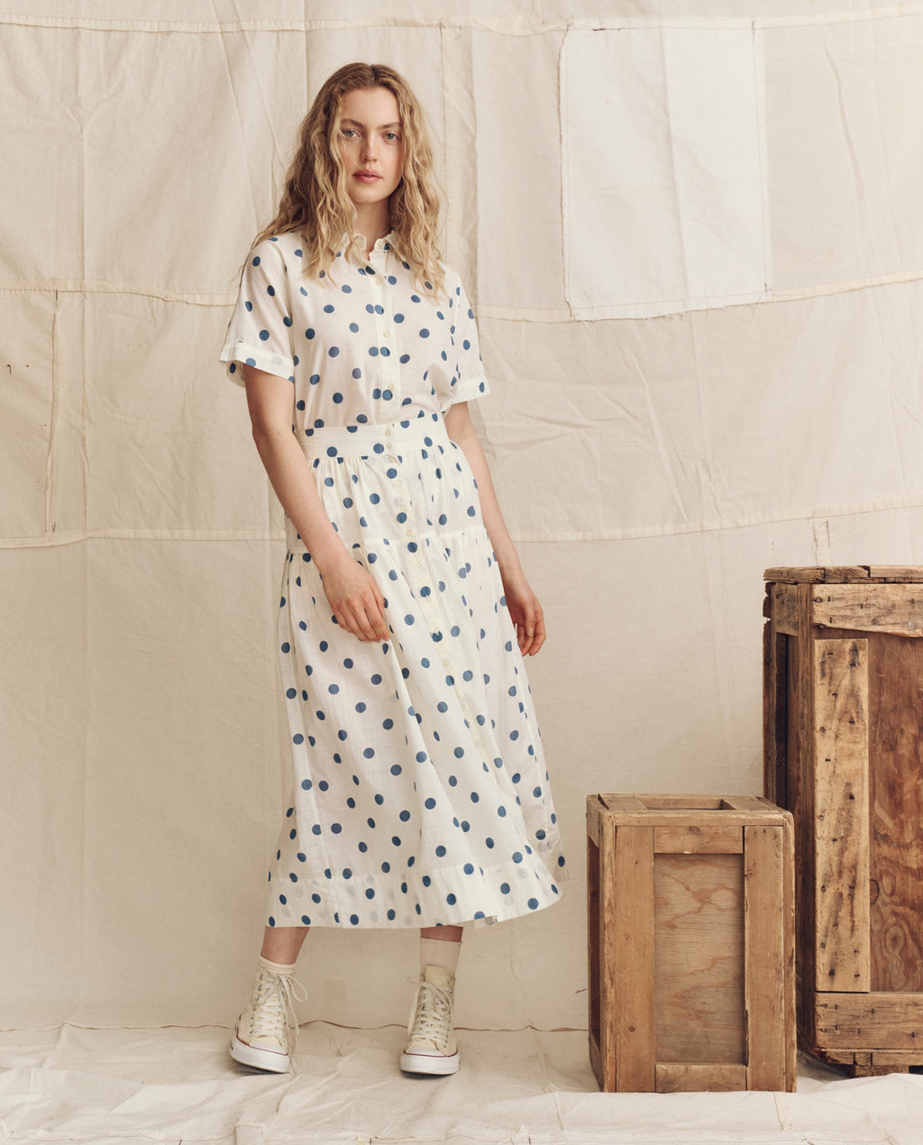 The Messenger Top. -- Cream with Blue Polka Dots