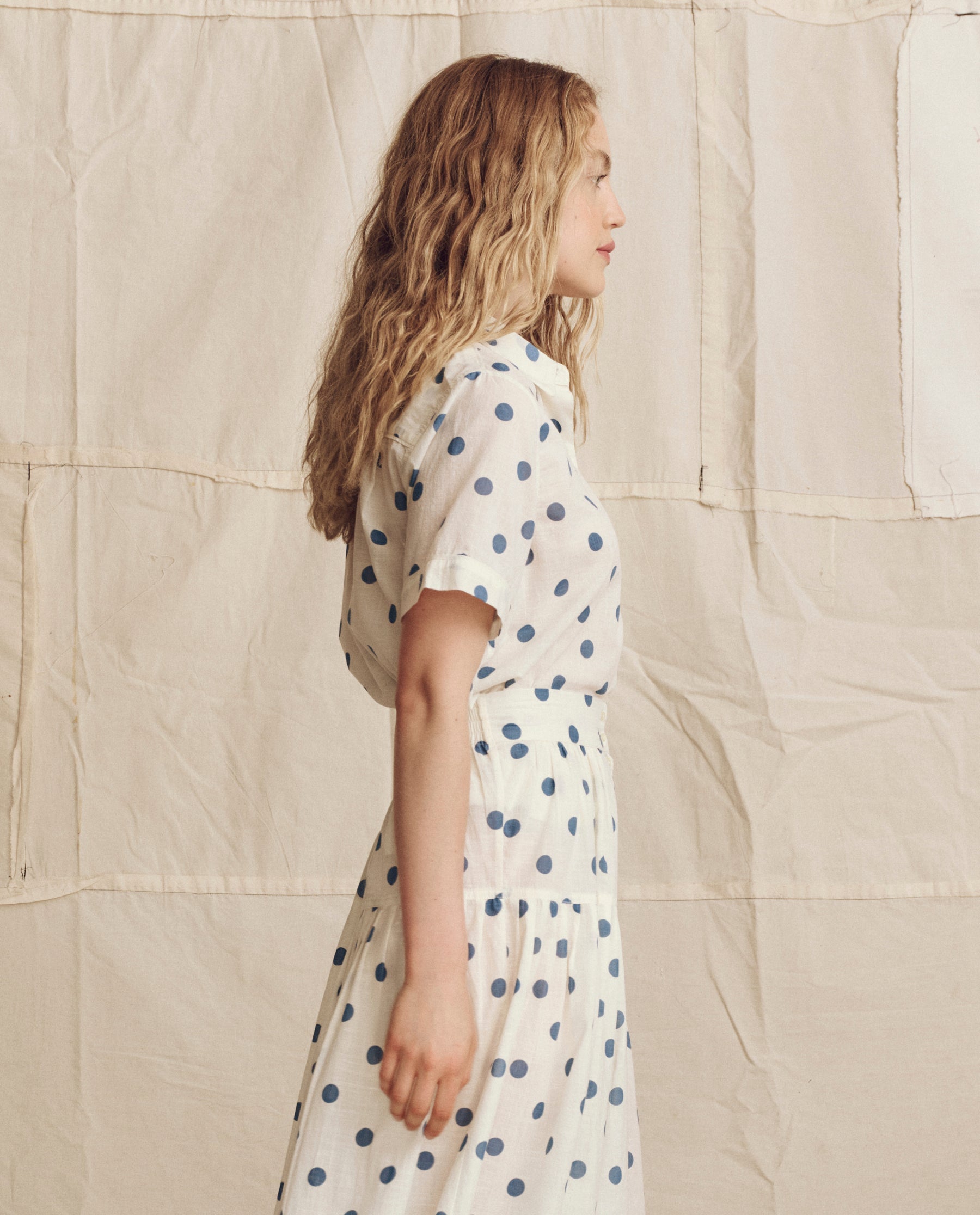 The Messenger Top. -- Cream with Blue Polka Dots